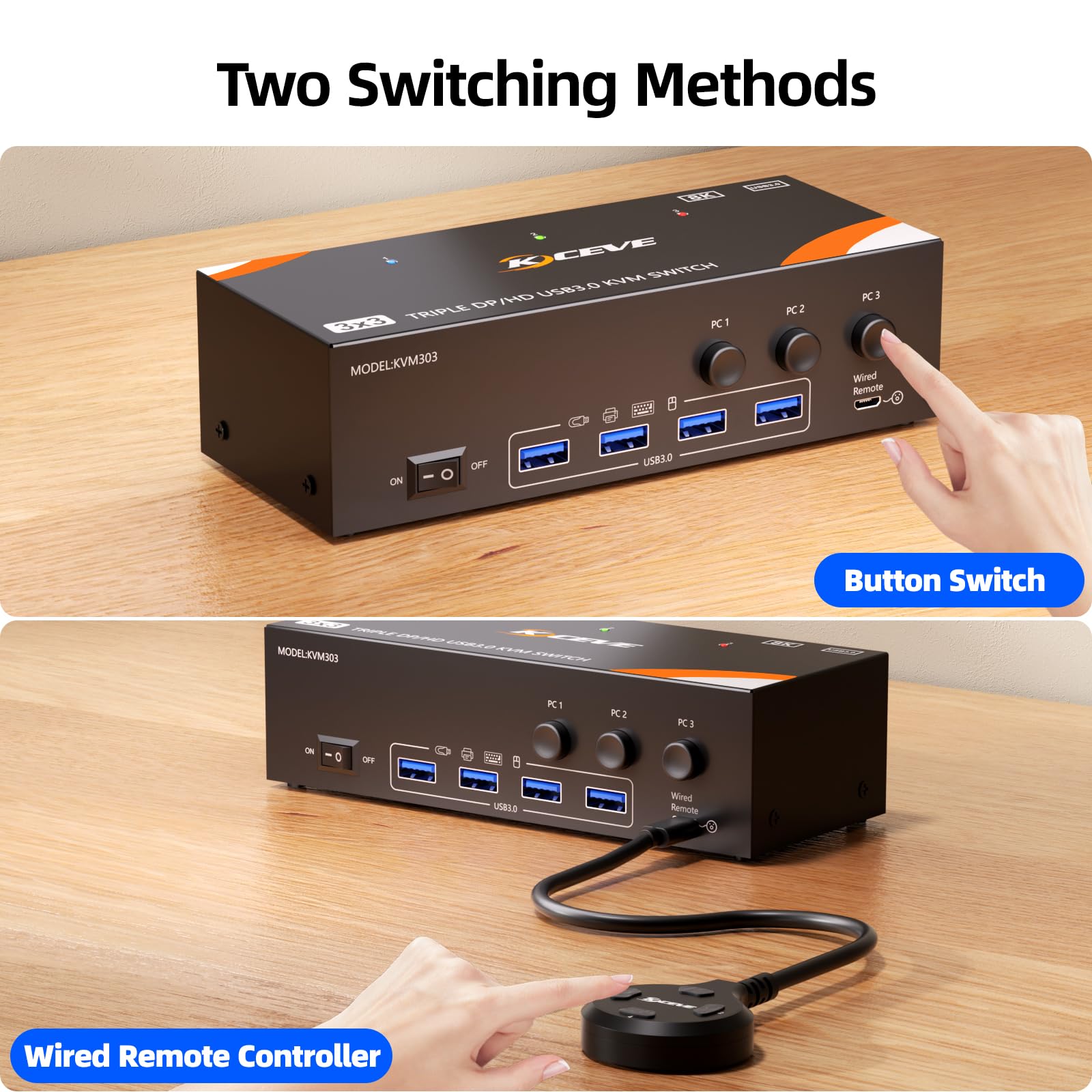8K@60Hz KVM Switch 3 PCs 3 Monitore, 4K@120Hz HDMI DisplayPort KVM Switch drei Monitore, inklusive Netzteil, kabelgebundener Fernbedienung und USB 3.0-Kabel