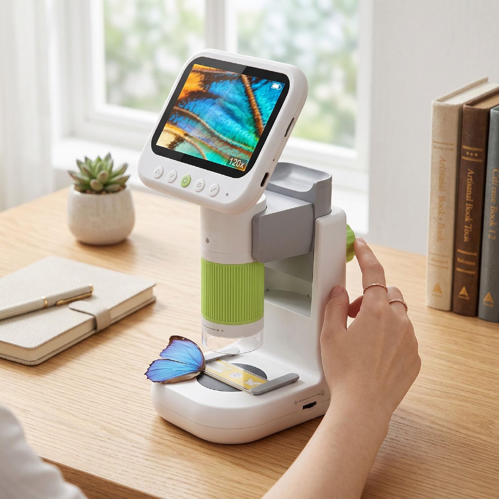Jectse Digitales Mikroskop, Hand-USB-Mikroskop, 2-in-1-, 50- Bis 500-fache Vergrößerung, 4,3-Zoll-1080P-LCD-Dual-LED-Licht mit 5 Objektträgern, 8-GB-Karte für Studenten und
