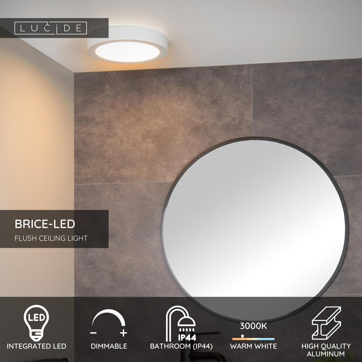 LUCIDE BRICE-LED - Lámpara de techo Baño - Ø 24 cm - LED Regul. - 1x15W 3000K - IP44 - Blanco