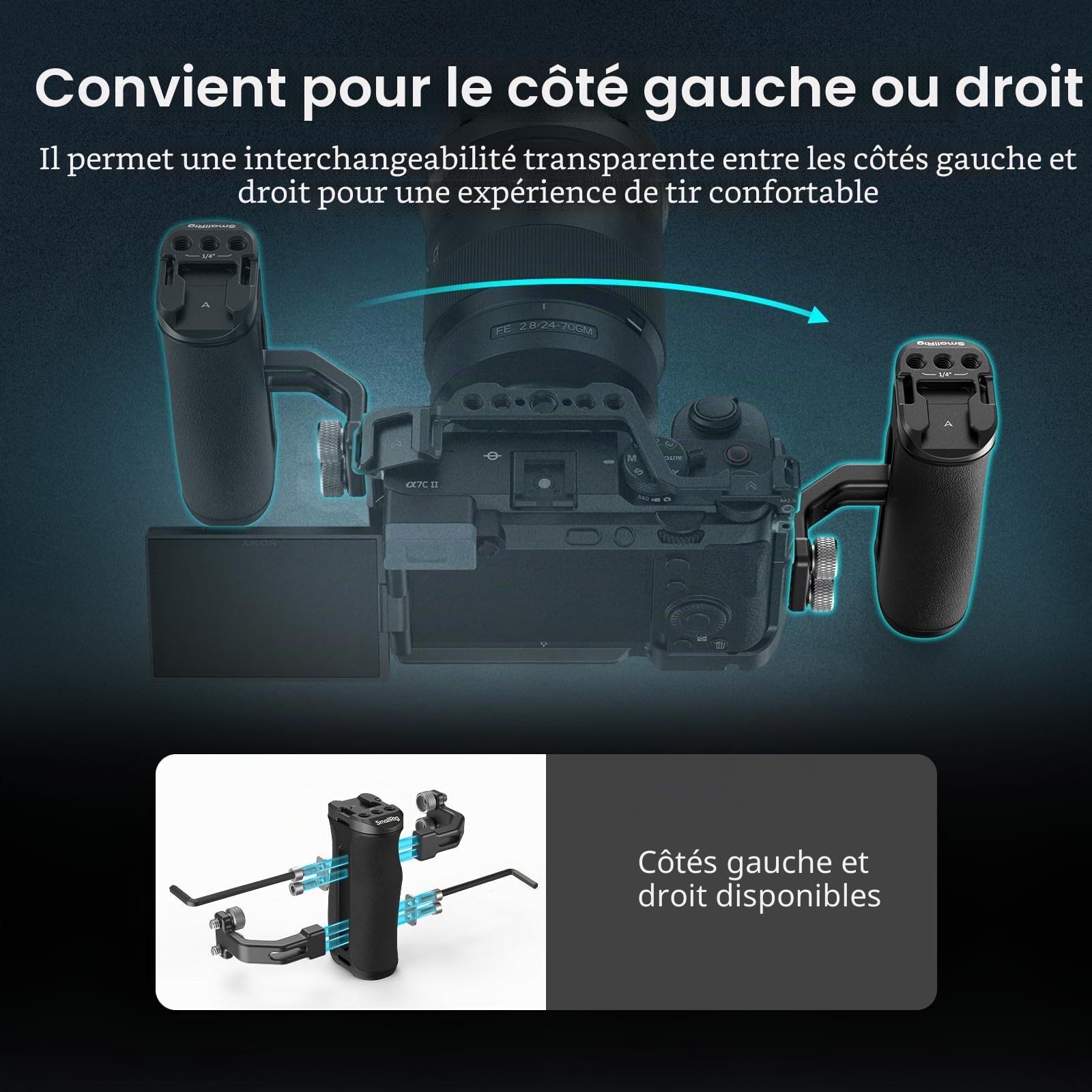 SMALLRIG Mini poignée latérale avec vis 1/4" -20 pour cage de caméra, réglable de haut en bas, pour main gauche ou droite, poignée de caméra ergonomique avec griffe froide intégrée et trou fileté-4756