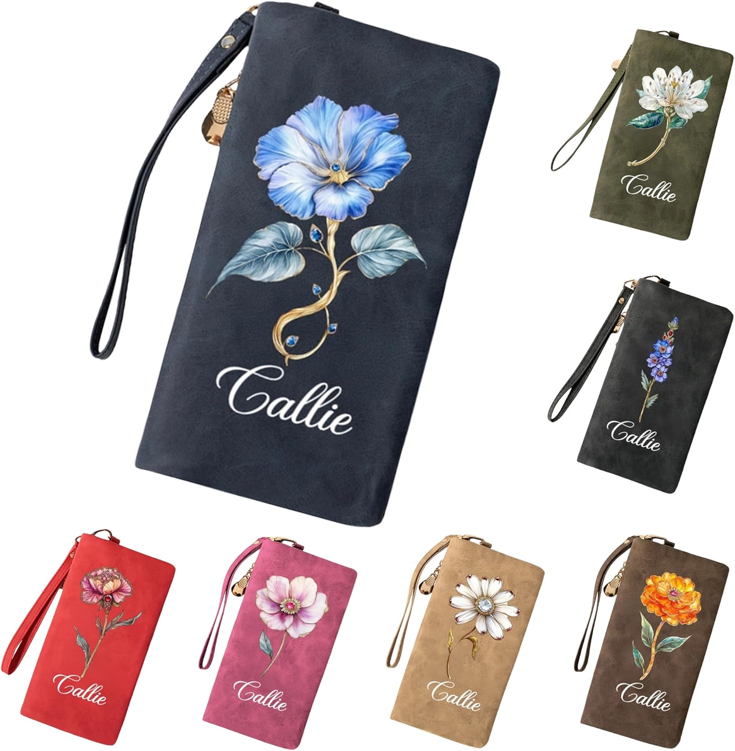 callie Personalized Wallet Wristlet - Custom Birth Flower & Name, Leather Coin Credit Card Holder Purse Pocket Organizer with Card Slots & Zipper, Gifts for Women Ladies