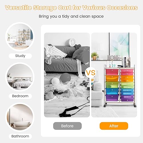 Miniatura 6 de SILKYDRY Carrito de almacenamiento con ruedas de 15 cajones, carrito de almacenamiento móvil con ruedas bloqueables para manualidades, herramientas,