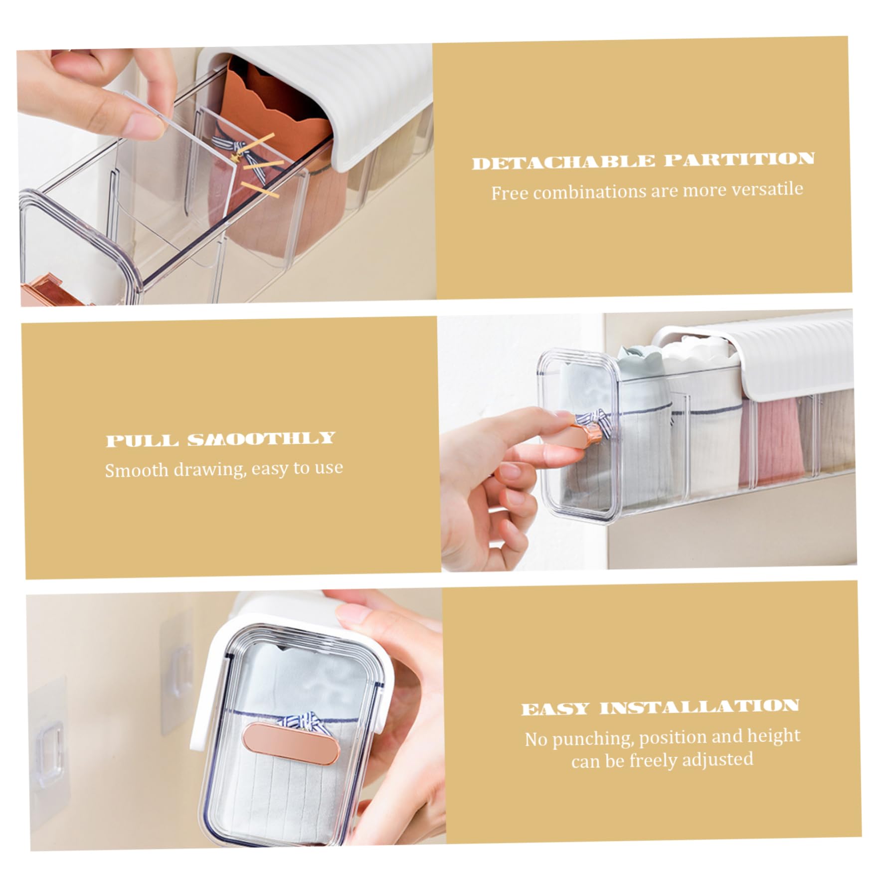 Unterwäsche Aufbewahrung Wandmontage Unterwäsche Aufbewahrungsbox 3pcs Punch-Free 6-Gitter transparente Unterwäsche Schubladen Organizer Schrankgarderobe Socken Organizer für Brashalle Krawatten Scha