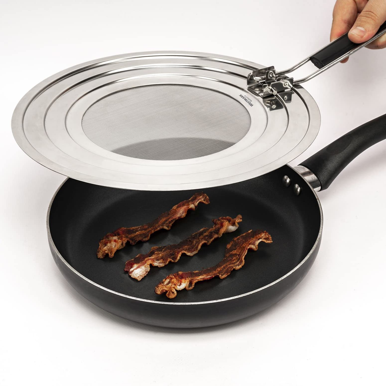 Westmark Coperchio Paraspruzzi, Per Pentole e Padelle con Diametro di 20, 24 e 28 cm, Manico con Isolamento Termico, Acciaio Inox, Exclusiv, Argento/Nero, 12192270