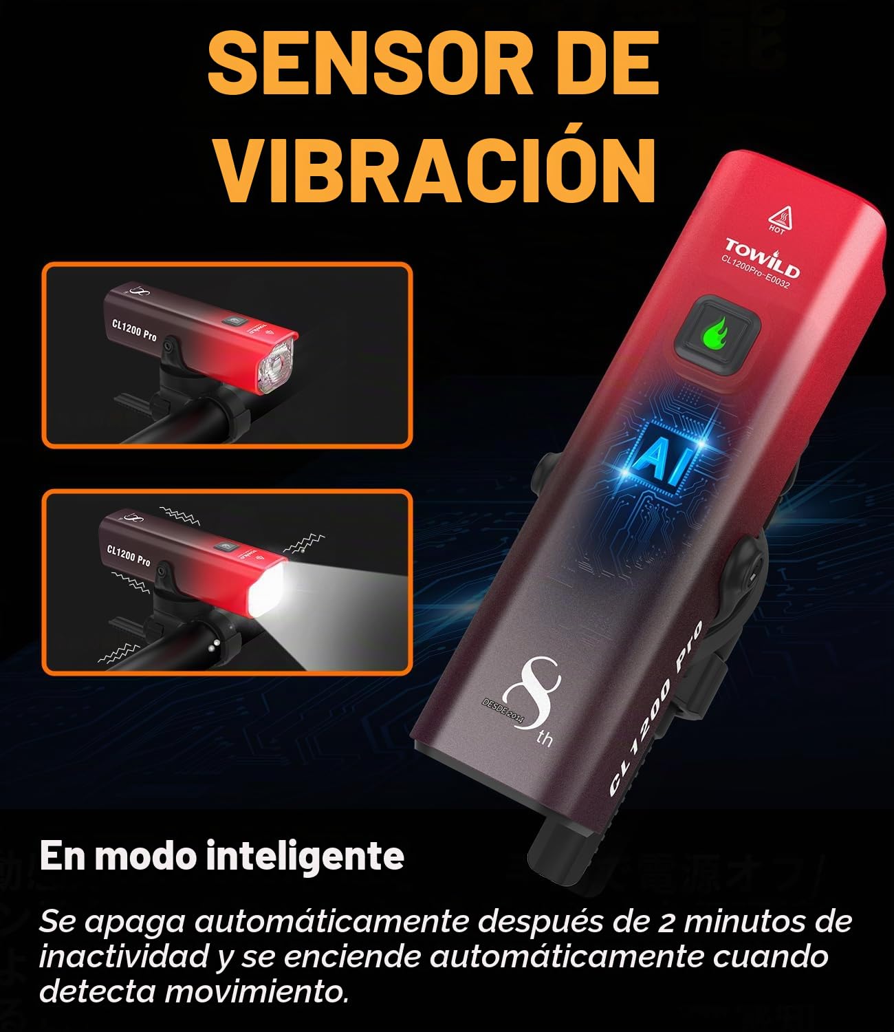Luz Delantera Bicicleta Inteligente 1200 Lúmenes, Faros Super Brillantes con Control Remoto y Soporte para Ordenador Bicicleta 5000mAh IPX6 Recargables