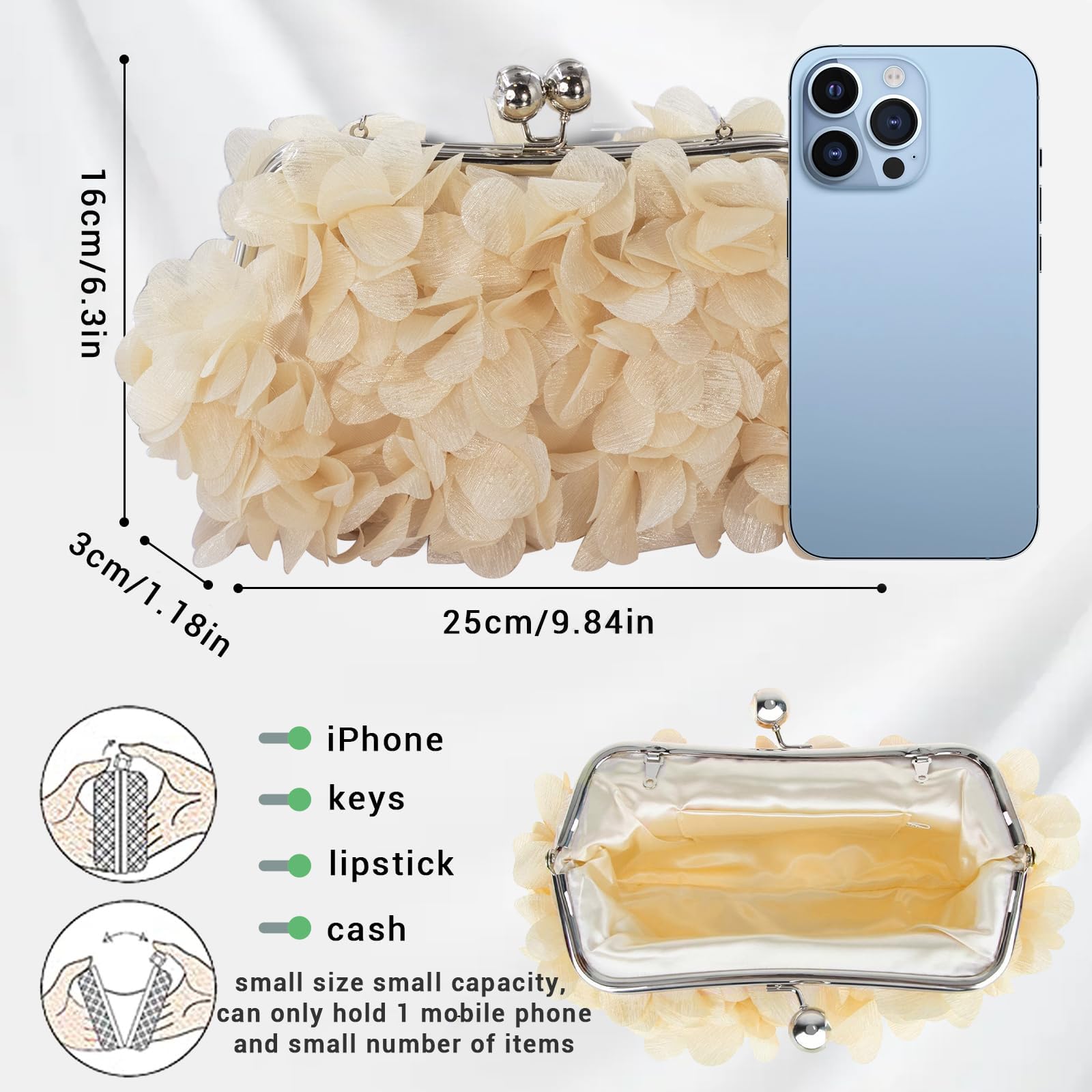 JAMBHALA Women Elegant Evening Purse, Small Floral Clutch Bag with Detachable Chain for Wedding, Party, Prom: Champagne