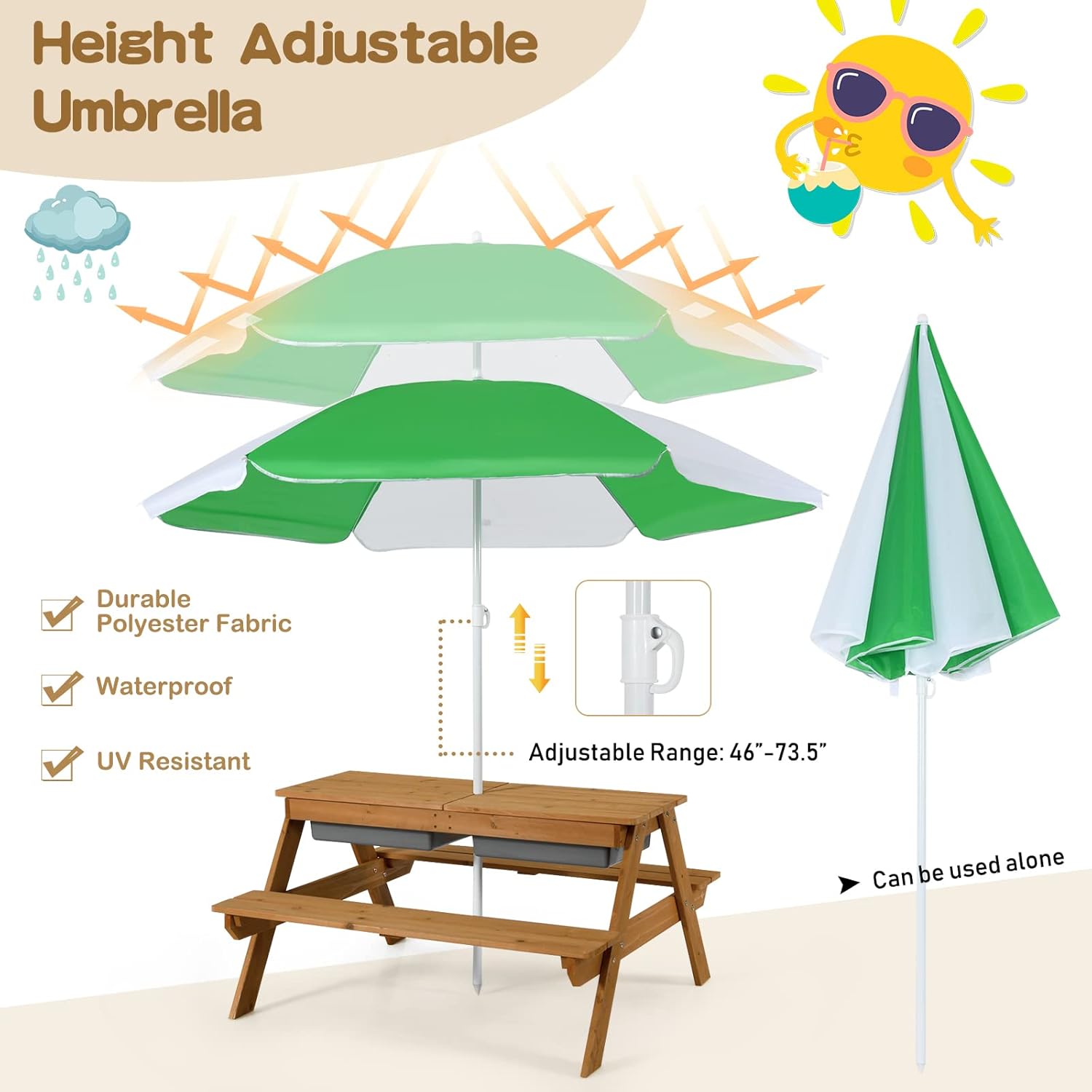 GLACER 3-in-1 Kids Picnic Table, Wooden Sand and Water Table w/Removable & Adjustable Umbrella, Removable Sand Box, Built-in Benches, Kids Outdoor Furniture for Toddler, Patio, Backyard (Natural)