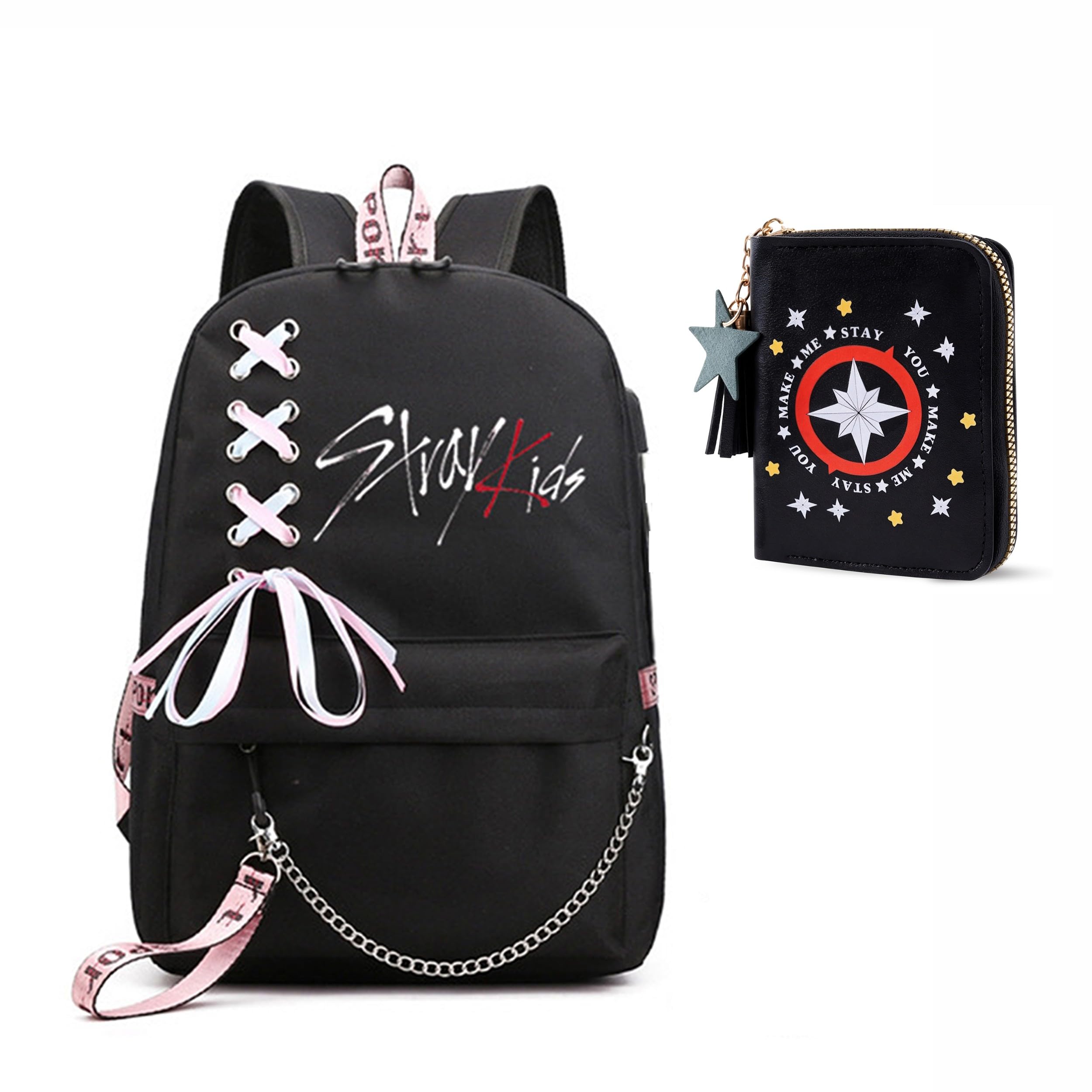 Roffatide KPOP Stray Kids Schultasche for Mädchen und Jungen mit USB-Ladeanschluss und Kopfhöreranschluss, Czarny C, Plecaki tornistry