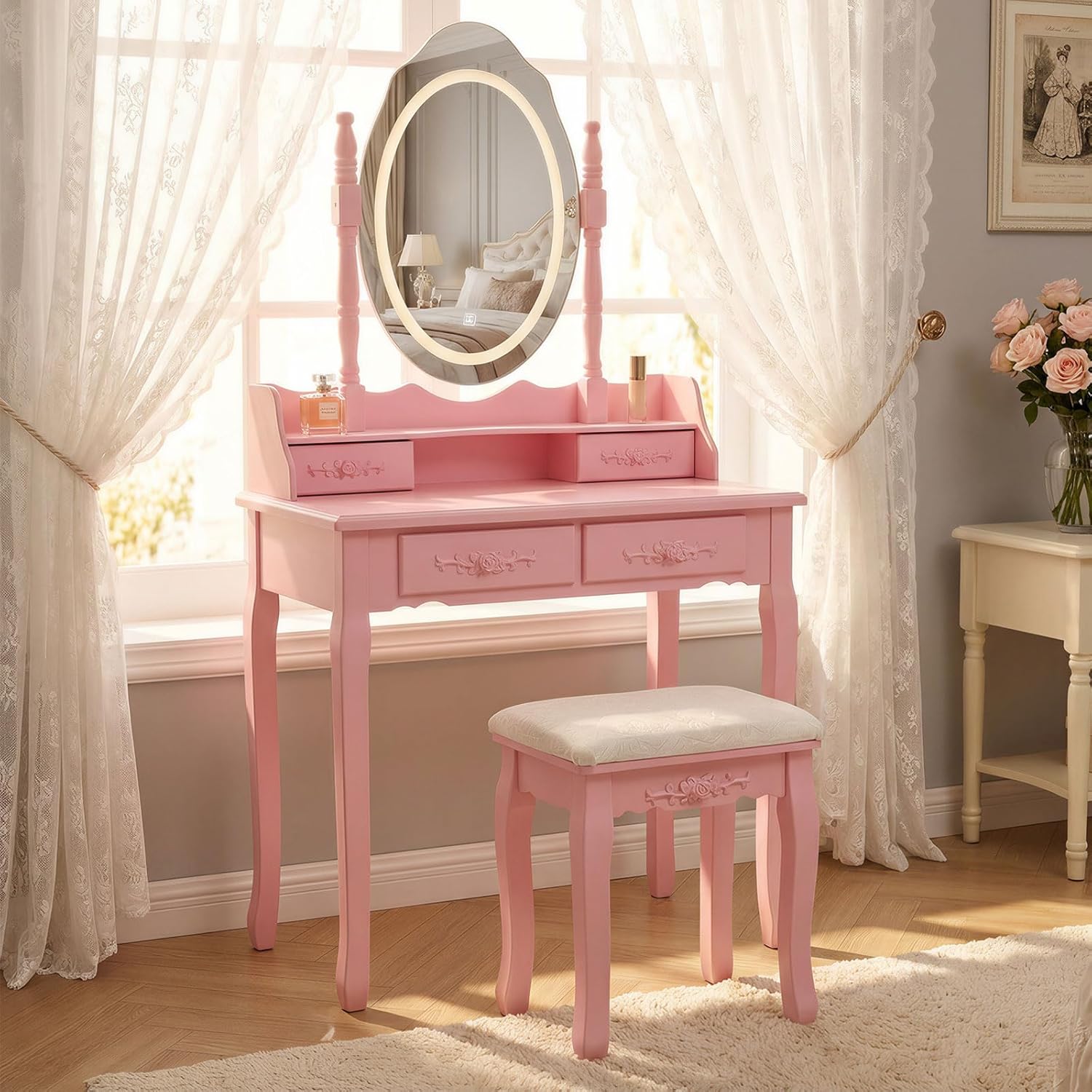 Vanity Desk with Mirror and Lights, Princess Makeup Vanity Table with 4 Drawers & Cushioned Stool, 3 Color Lighting Modes, Dressing Table Set for Girls Bedroom,Pink