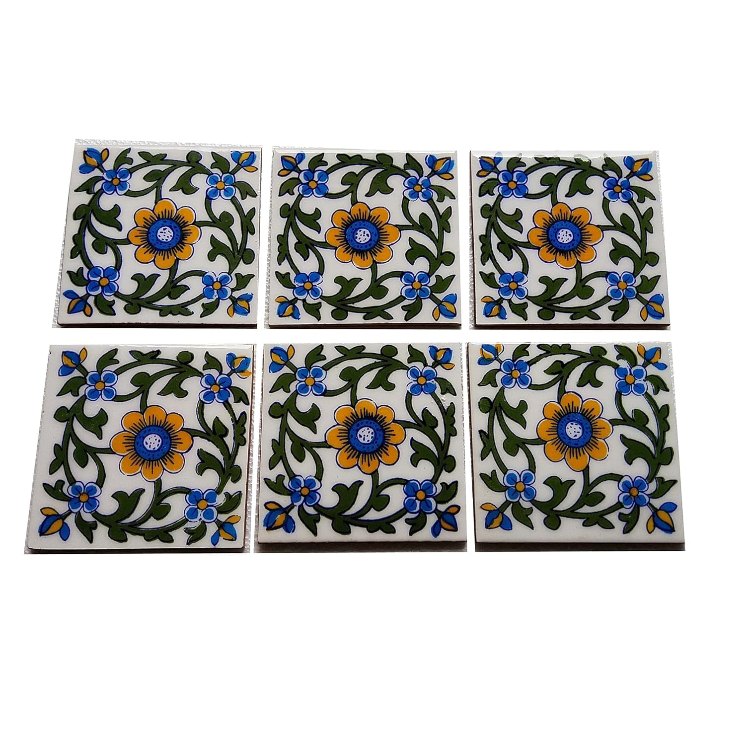 Season Creation Blue Pottery Home Decorative Ceramic Wall Hanging Tile Design Flooring Tiles Floral Kitchen Washroom Mosaic Furniture Tile Handmade Backsplash 4 x 4 Inches Tile (Pack of 4 Tile, Multi)