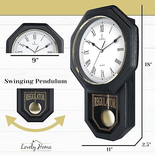 Miniatura 3 de Reloj de pared de péndulo negro, reloj regulador de madera real, silencioso, sin timbre y funciona con pilas, diseño decorativo de casa escolar de