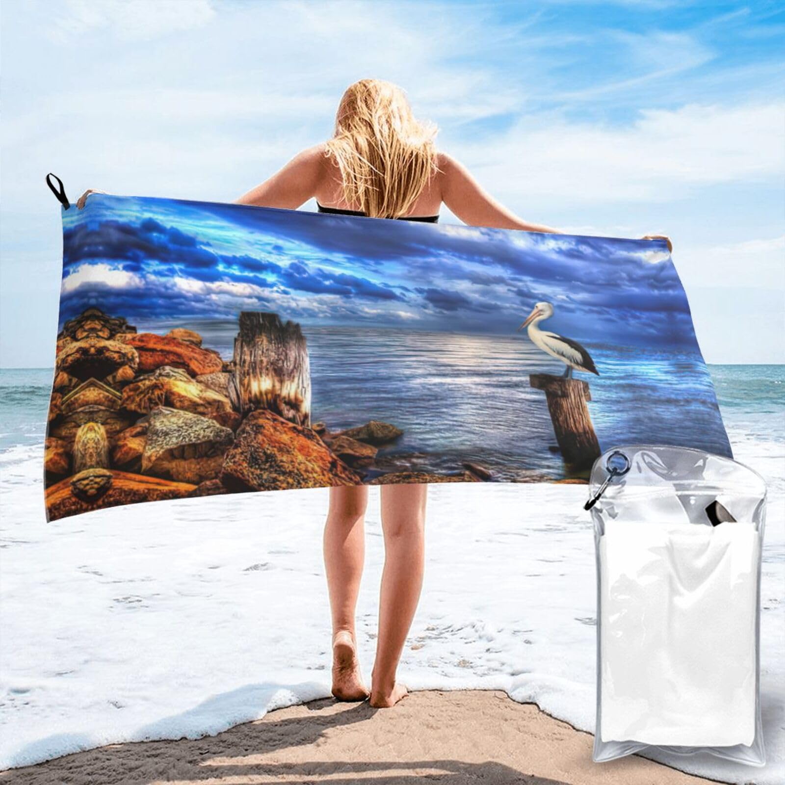 KAPPTYY Pelican Birds Blue Sea Sky Print Quick Dry Towel Bath Shower Beach Wrap For Gym Vacation Adults