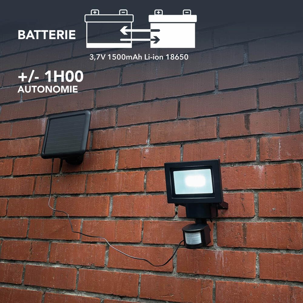 Projecteur Solaire LED Noir, 7.5W, 630 lumens, IP44, 6900K blanc-froid, détecteur de mouvement, Inter 3 positions On/Off/Auto - Tibelec