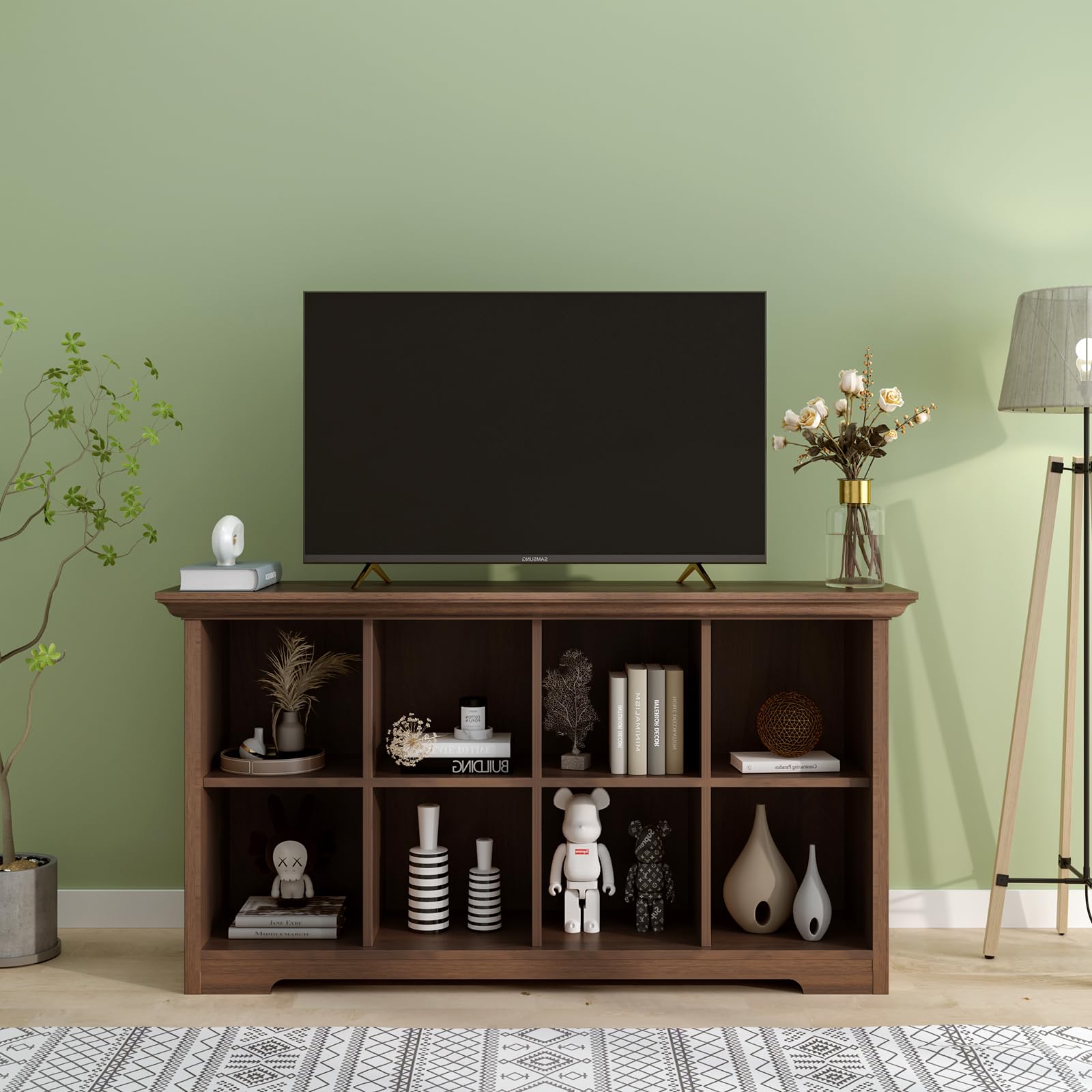 OSCHF 8 Fächern Bücherregal mit Sockel - Modernes offenes Holzregal für Zuhause und Büro, 2 Ebenen Aufbewahrungsregal, Walnuss