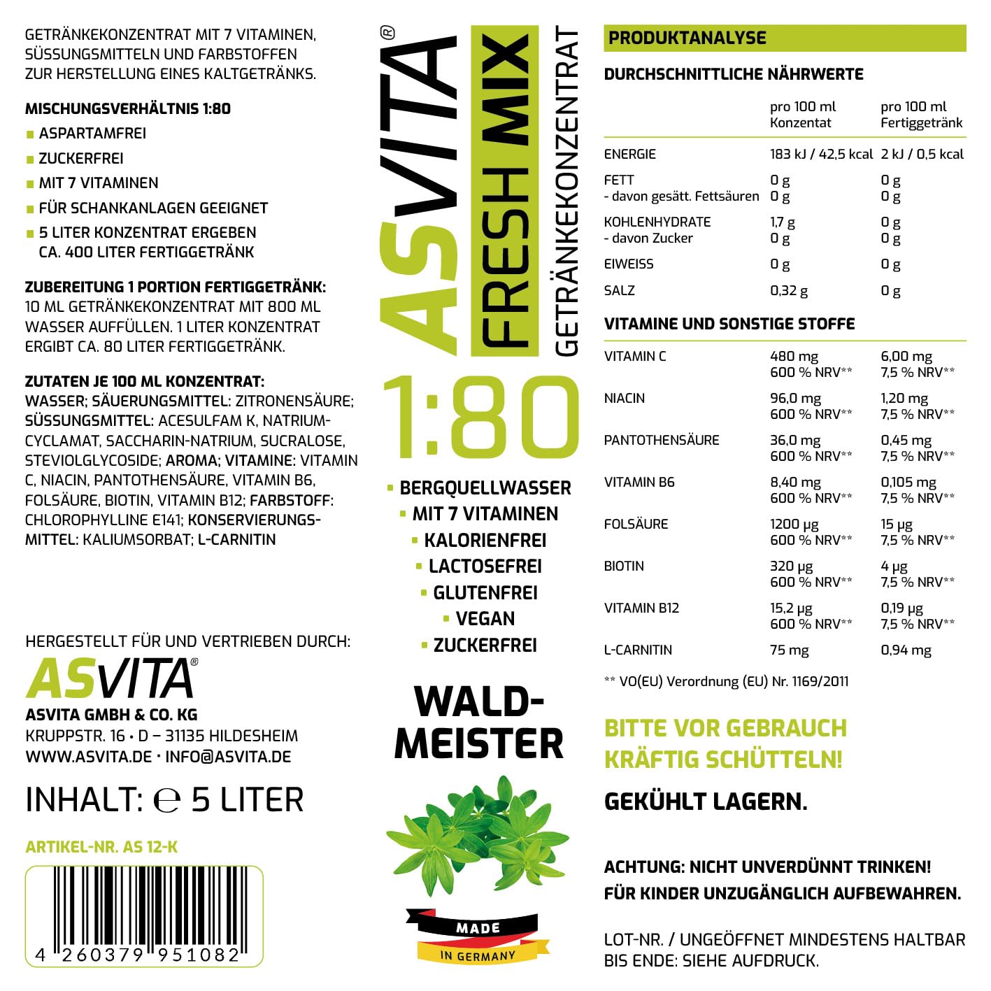 AsVita Getränkekonzentrat Fresh Mix 1:80 | 5 Liter Kanister - Getränkesirup zuckerfrei - 22 leckere Geschmacksrichtungen (Waldmeister)