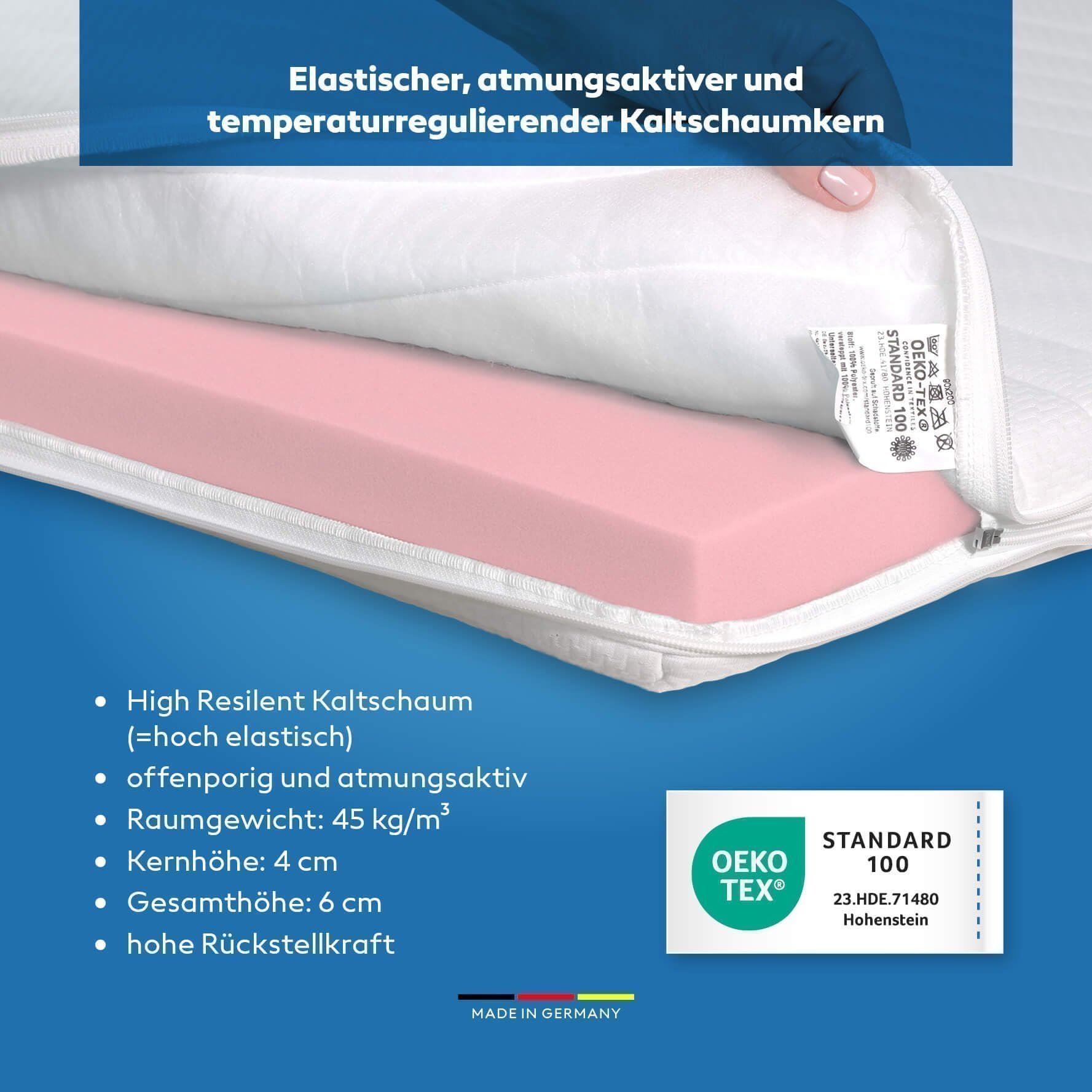 Kaltschaum Topper 180x200 cm – mittelfest & atmungsaktiv – RG 45 – Oeko-TEX® Standard 100 – waschbarer Jersey-Bezug – für Boxspringbett, Matratze & Schlafsofa - Made in Germany