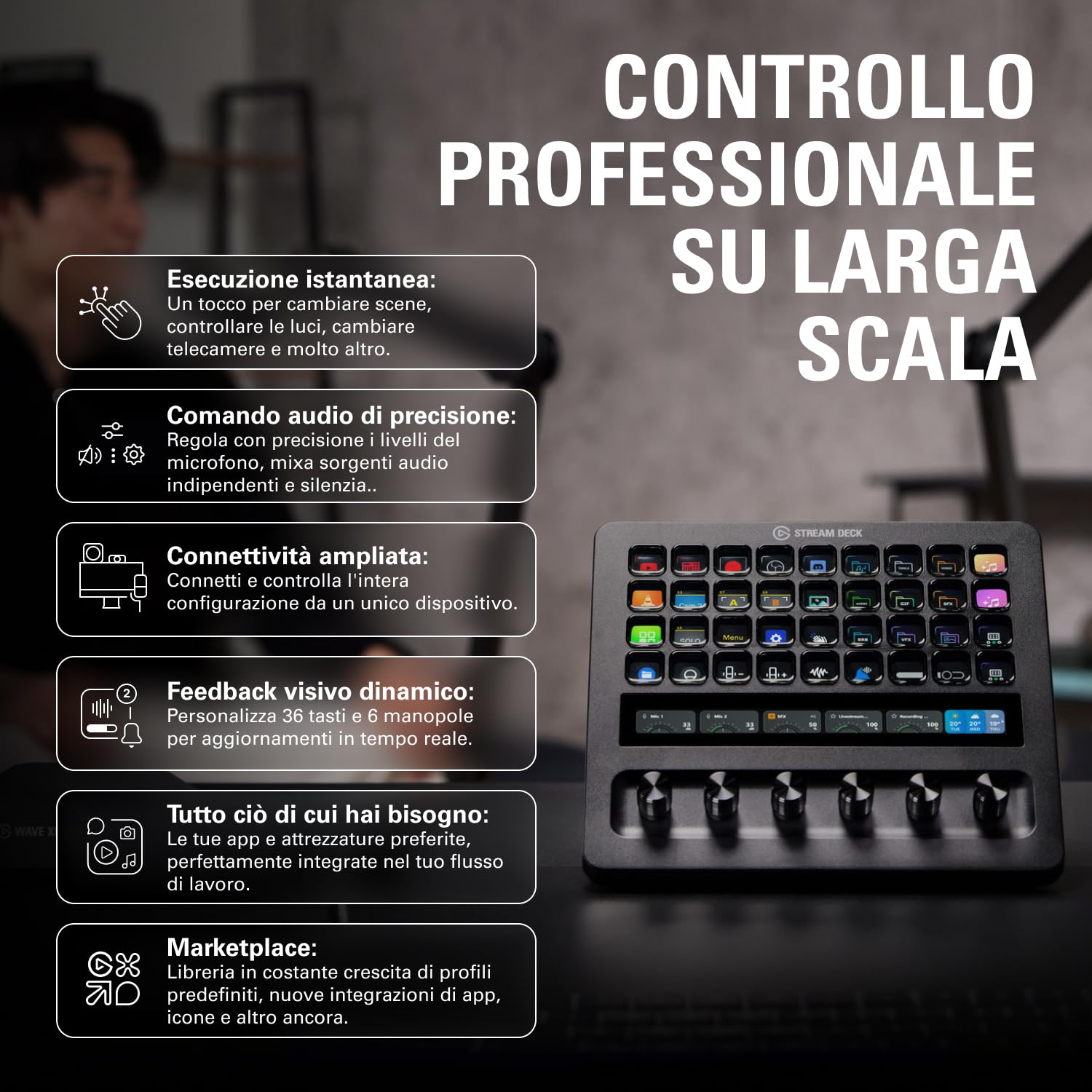 Elgato Stream Deck + XL: pannello di controllo personalizzabile con tasti macro, manopole multifunzione e touch strip per sistemi e produzioni professionali. USB-C per PC e Mac
