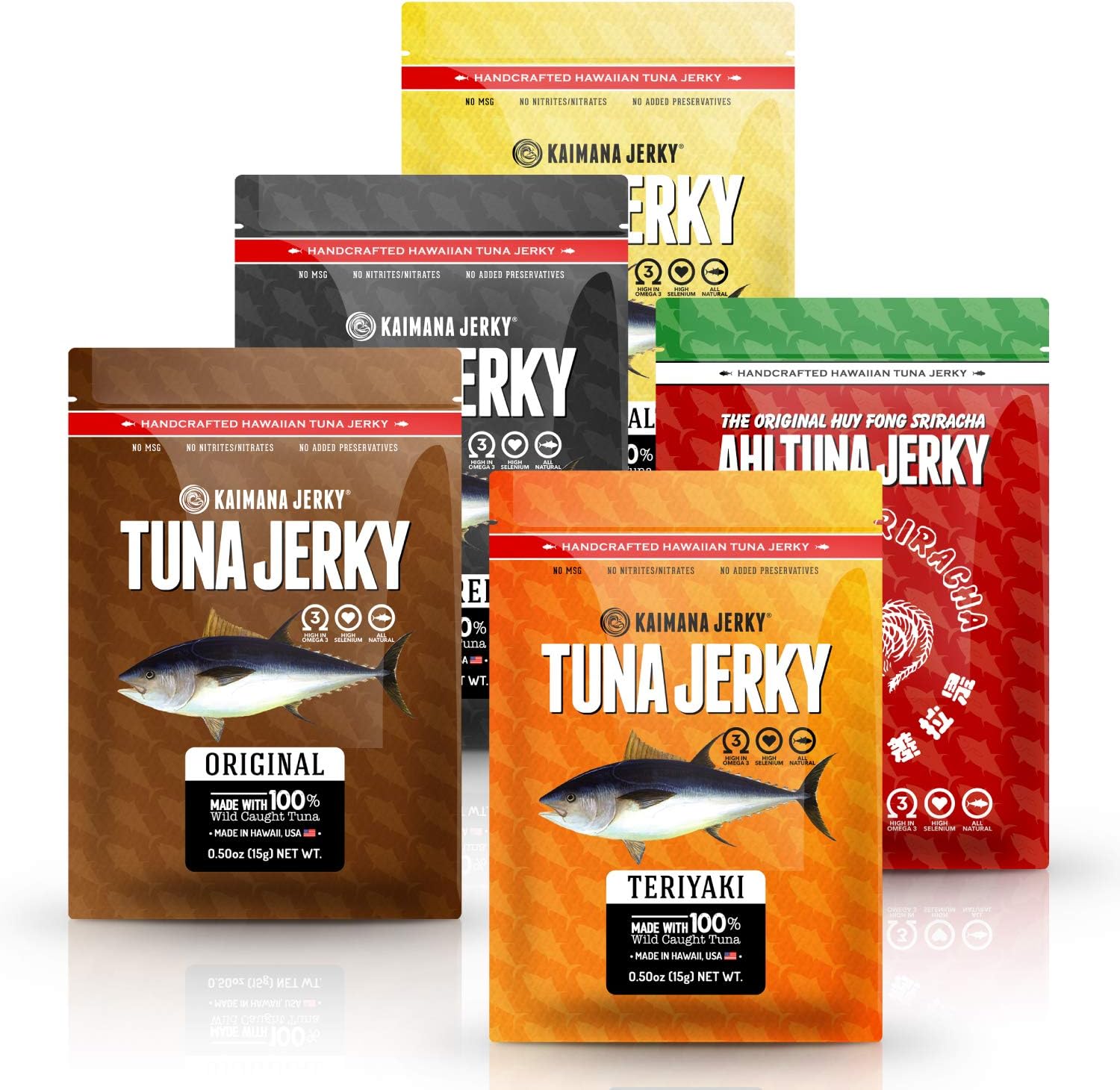 Ahi Tuna Sampler Bundle - All Natural & Wild Caught Tuna Jerky. Made in USA. 9g Protein & Good Source Of Omega-3's (5 Pack, 1/2 oz)