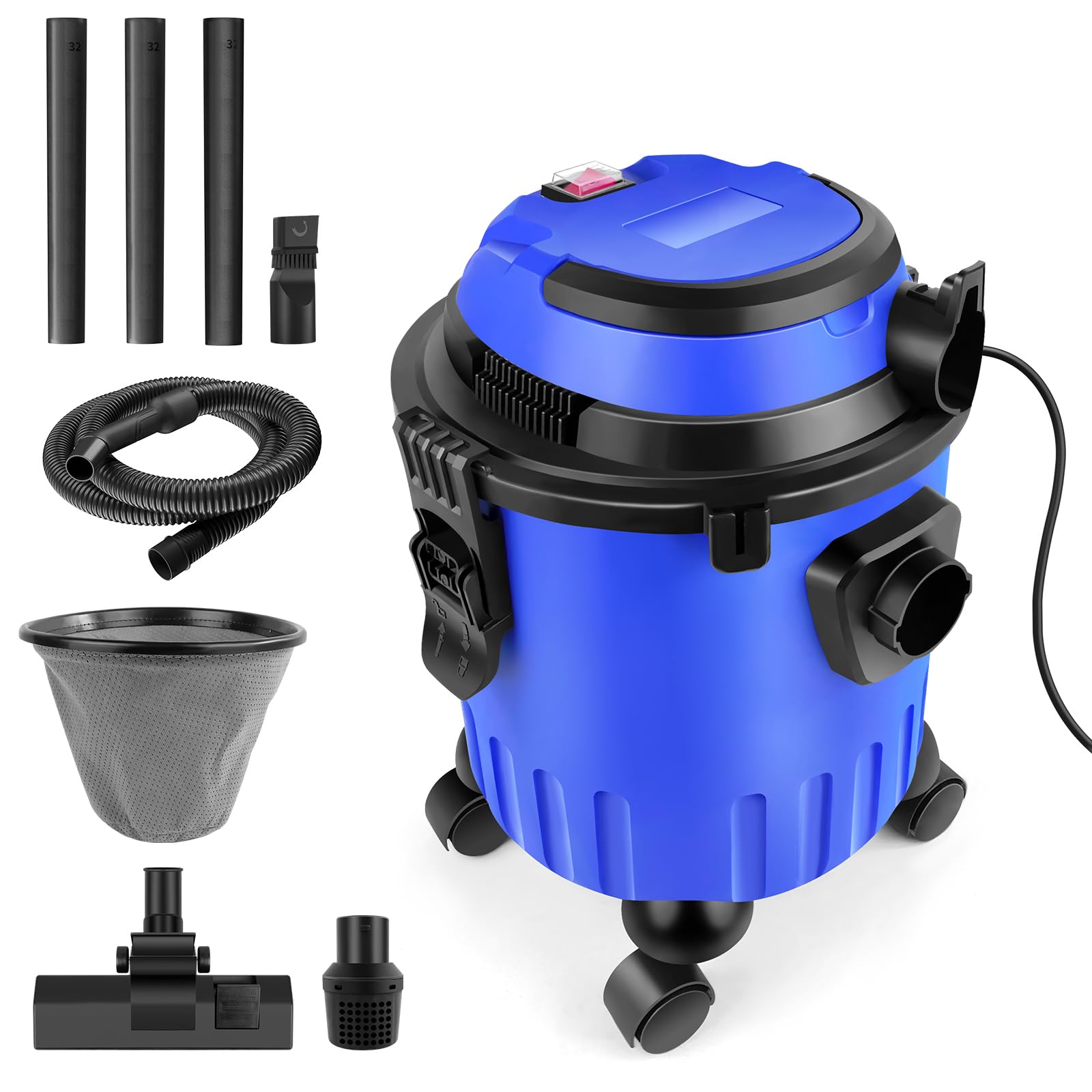 Industrial Vacuum Cleaner Wet and Dry with 4 Caster Wheels, 15 Litre Capacity Bagless Wet Dry Vacuum Cleaner, 2000W 19000pa Powerful Suction Professional Vacuum Dust Extractor with Acessories, Blue