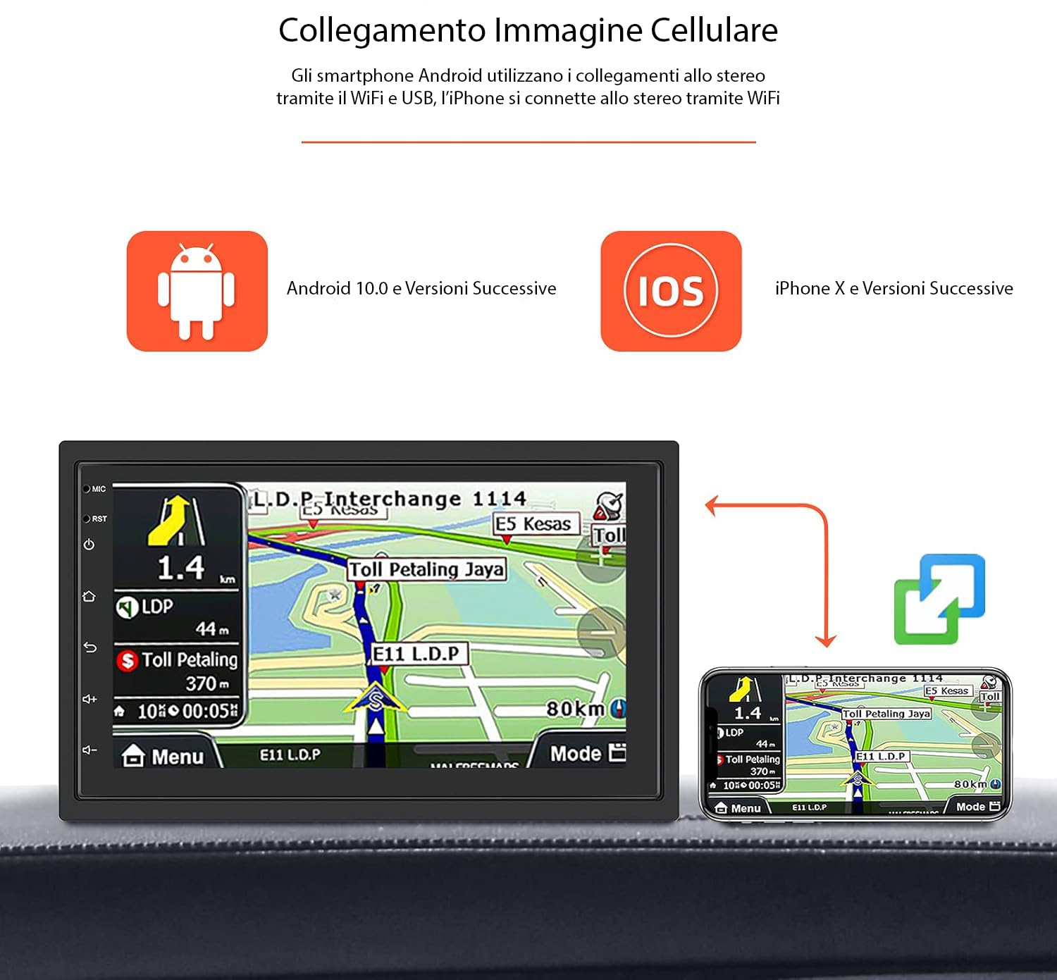 Autoradio 2 DIN 7 Pollici Android con GPS, WiFi, Bluetooth, Touch Screen – Stereo Auto Universale con Radio FM, Lettore MP5, USB, Mirror Link – 4GB RAM 64GB