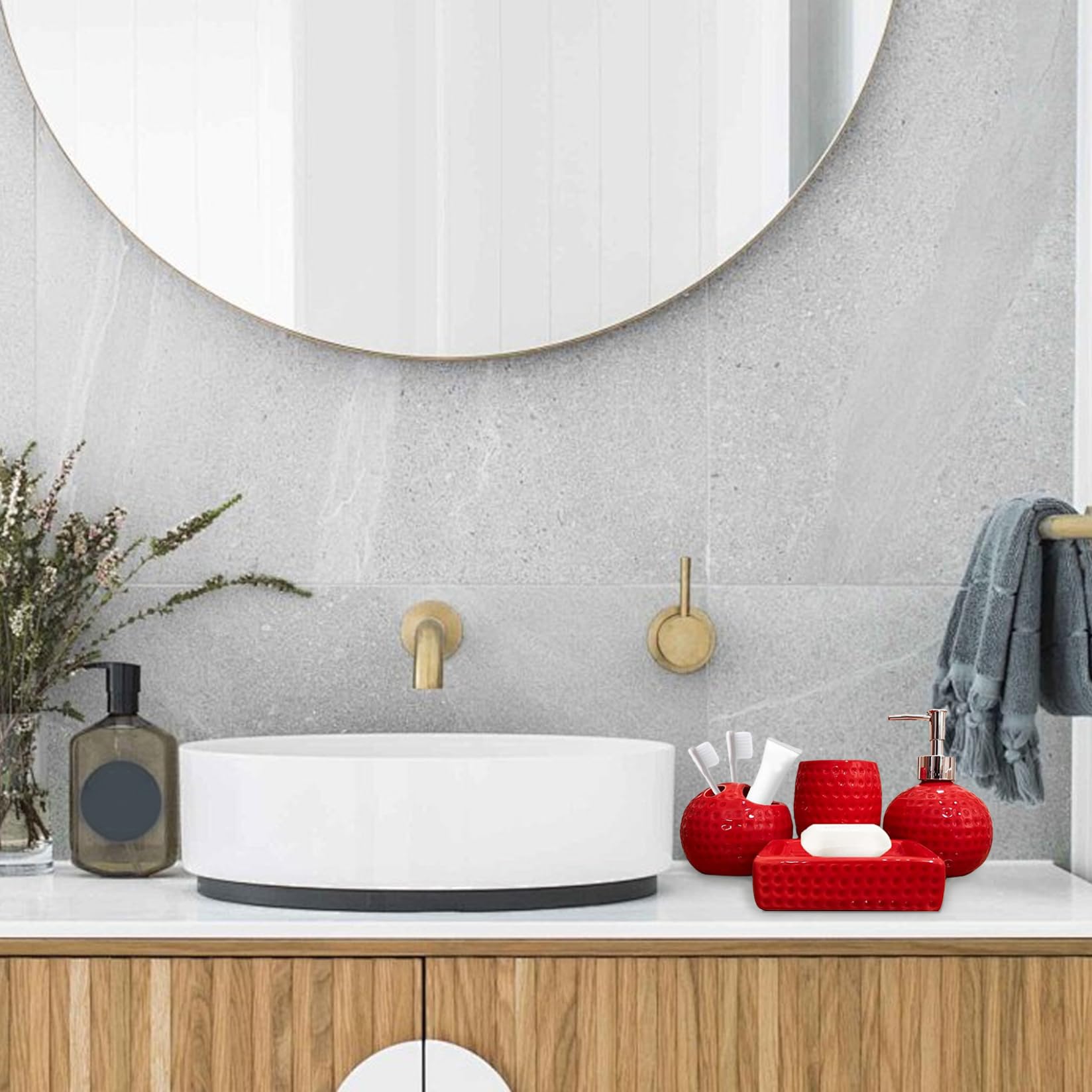Set da Bagno Rosso, Accessori in Ceramica da 4 Pezzi Include portaspazzolino, Bicchiere, Dispenser per lozioni, portasapone, Decorazioni Natalizie