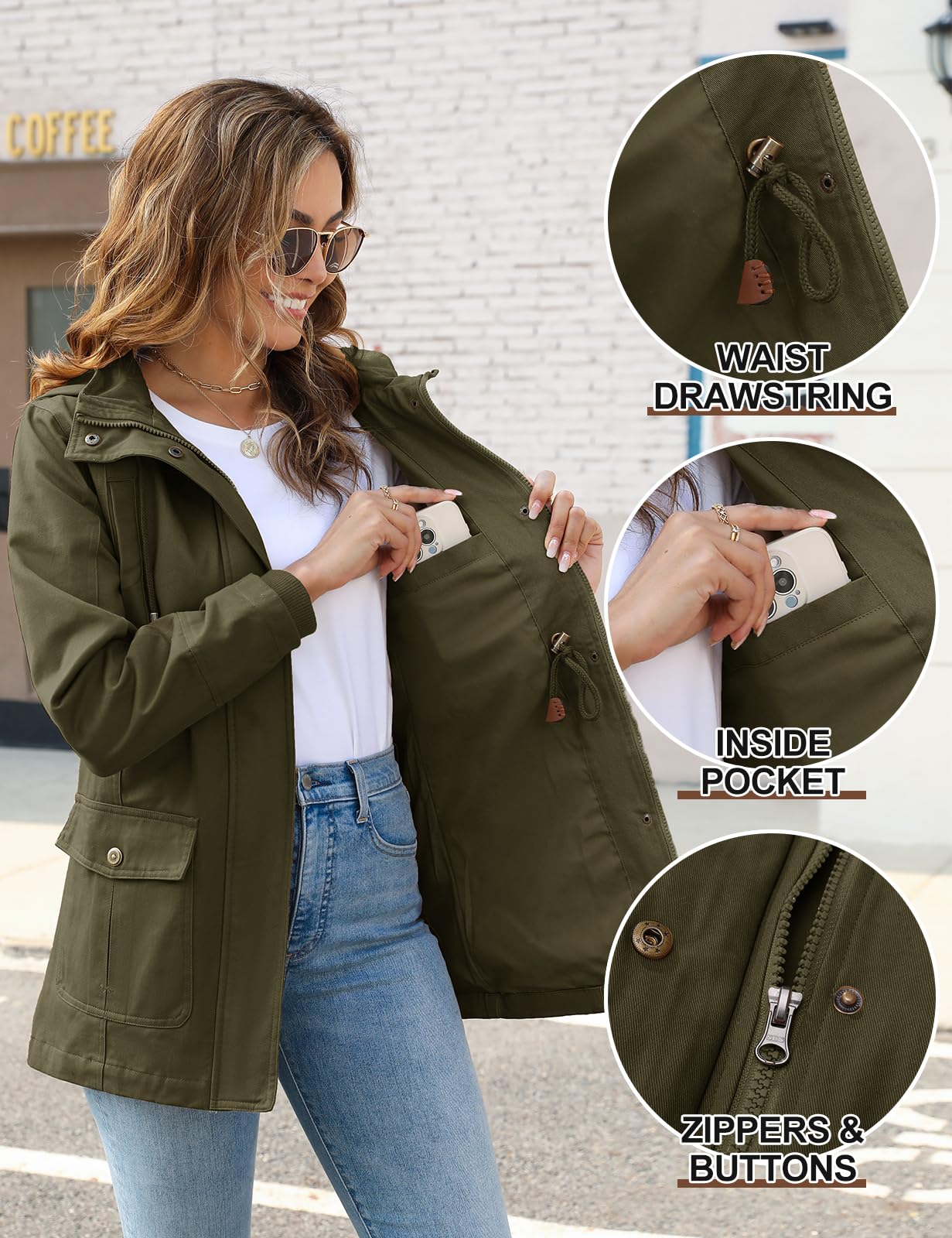 Tuopuda Veste Femme mi Saison Parka en Coton Blouson avec Capuche Décontracté Manteau Printemps Veste Militaire Zipper Jacket Coat Classique Automne Hiver Outwear