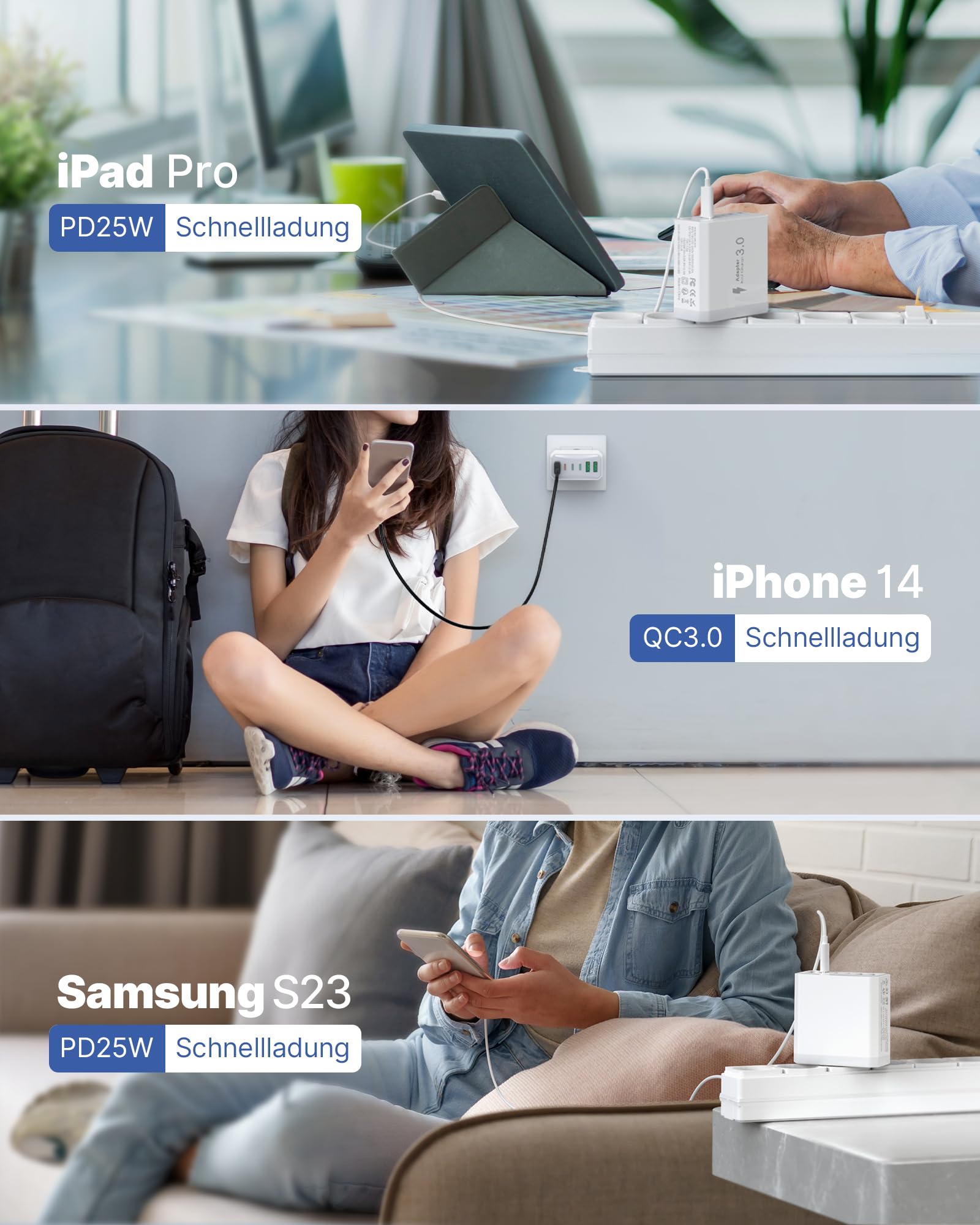 Caricatore USB C, 40W 6-Porte USB C Presa USB Multiplo per iPhone 15 14 13 12 11 Pro Max Mini SE 2020 XS XR X 8 7 6 6S Plus, iPad, Samsung, USB Multipla Spina Carica Charger Alimentatore