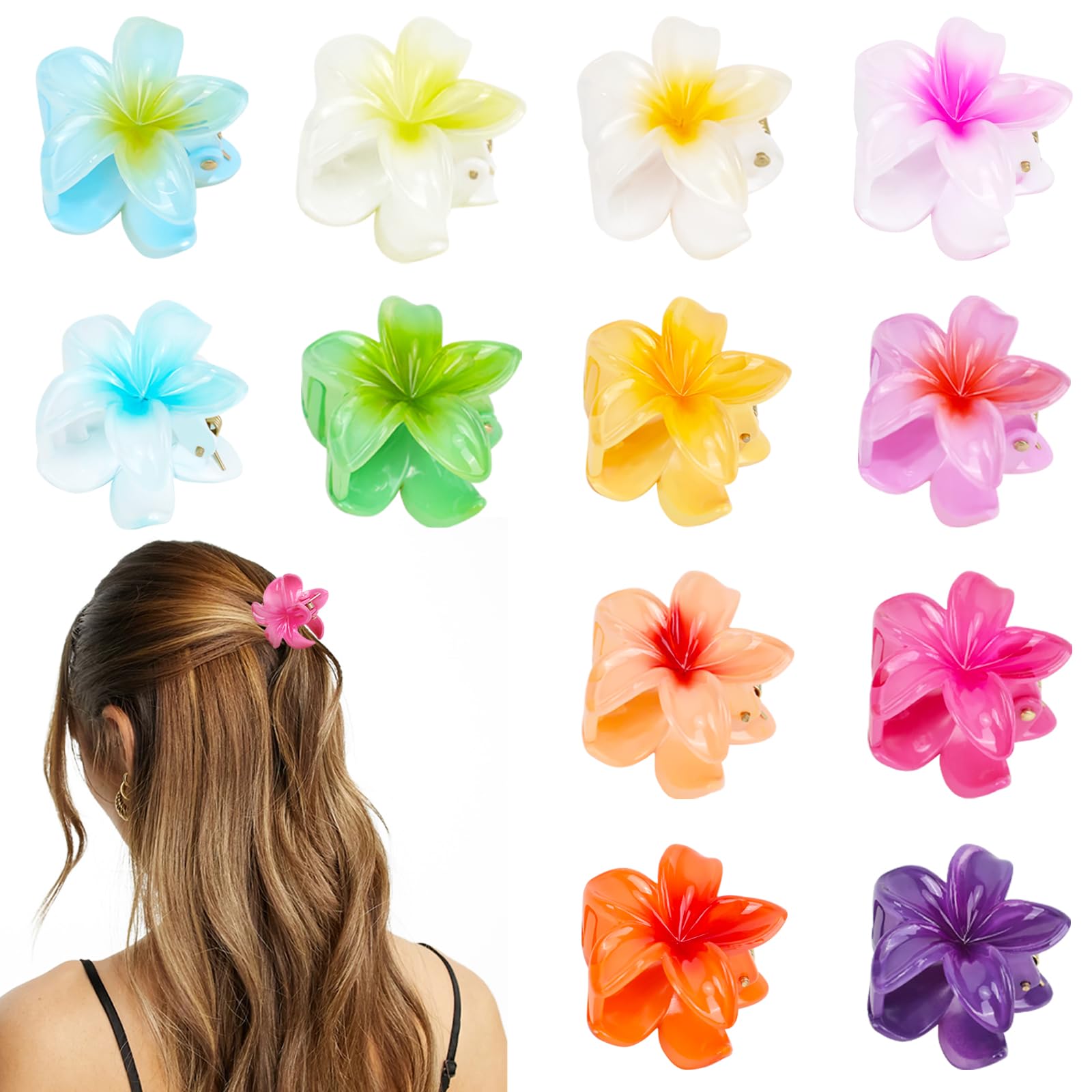 Pack of 12 Flower Hair Clips, Flower Hair Clips, Hawaiian Flower Hair Clips, 4CM Large Plumeria Flower Claw Thick Thin Curly Hair for Women, Hair Clip