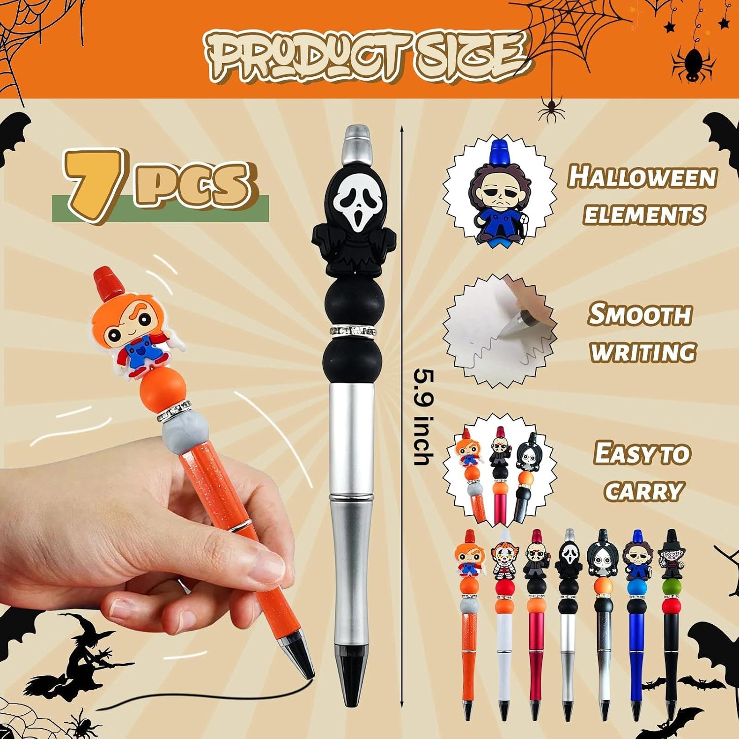 7PCS Horror Beadable Pens Set – Horror Movie Pens Refillable Ballpoint Pen with Spooky Charms, Halloween Pens Creepy Office Desk Accessories, Horror School Supplies, Unique Horror Gift for Adults image 2