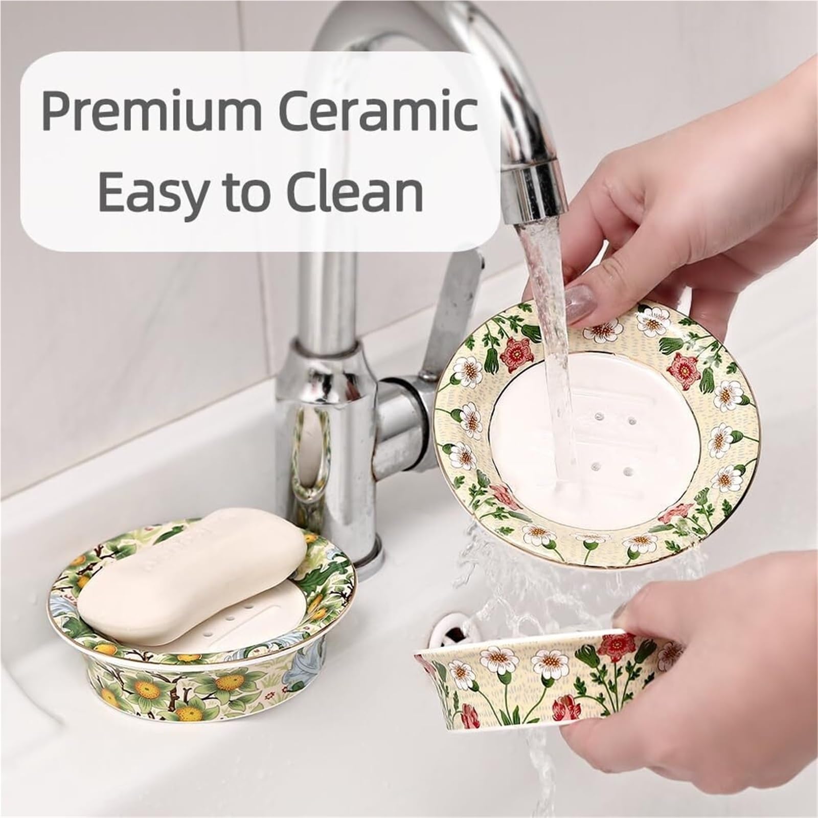 Portasapone con drenaggio Vassoio rotondo a doppio strato con portasapone autodrenante decorativo floreale per lavabo del bagno(Style a)
