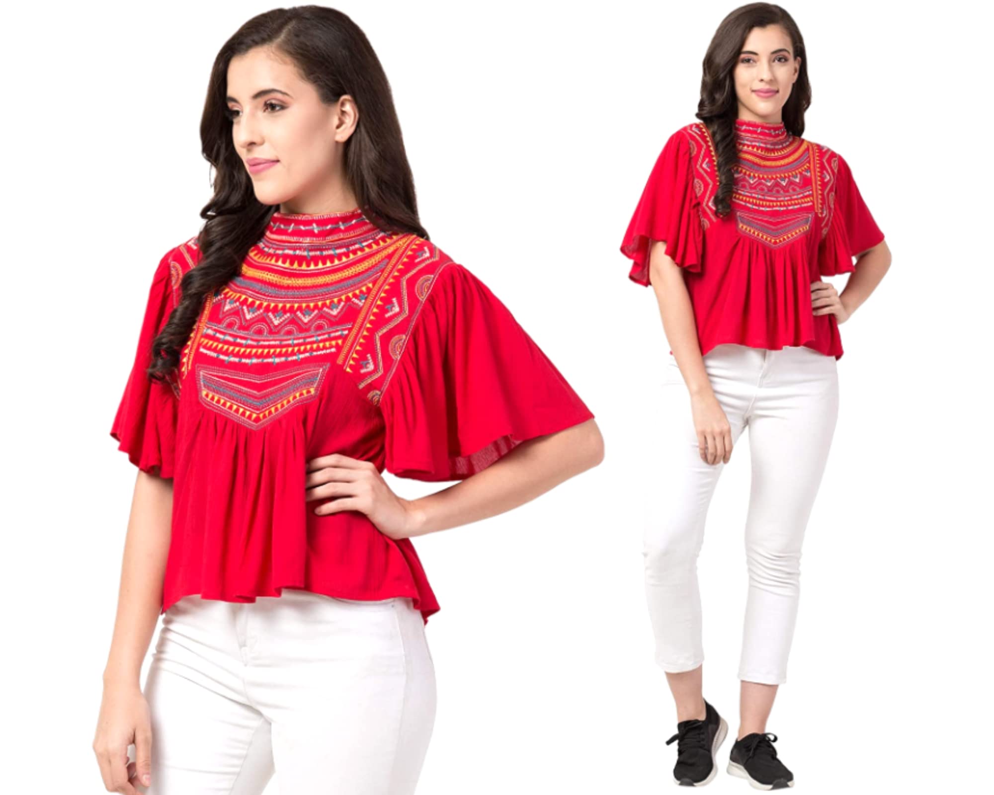 Shoppy Assist Embroidered Kaftan | 100% Rayon | Jeans, Trousers, Leggings, Cargo Tops for Women | Ruffled Sleeves | Trendy Summer Top | Available Sizes: XS, S, M, L, XL | Tops Under 499-image-1