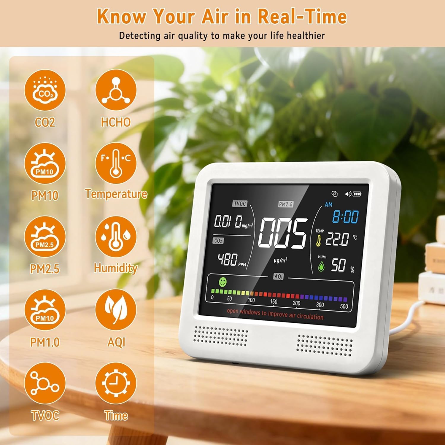 Monitor profesional de calidad del aire interior 16 en 1 con alertas de AQI de 7 niveles, batería de 10 horas de CO2 de alta precisión, PM1.0/2.5/10, HCHO, TVOC, medidor de temperatura y humedad para