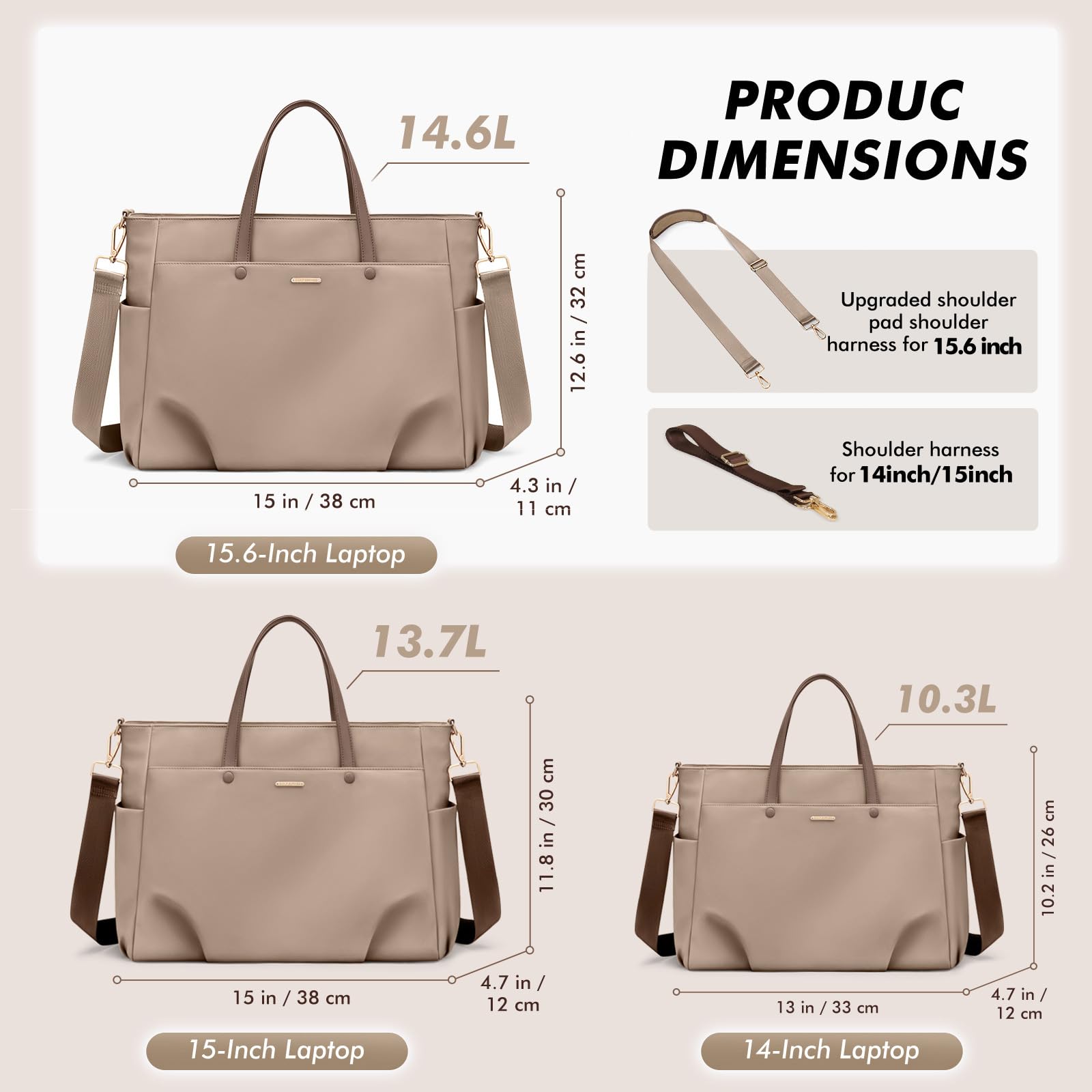 GOLF SUPAGS Borsa Tote per Laptop da 15.6 Pollici, Borsa a Tracolla per Computer Borsas da Lavoro Grande per Donna, Custodia per Laptop Borsas Elegante per Viaggi D'affari (Champagne)