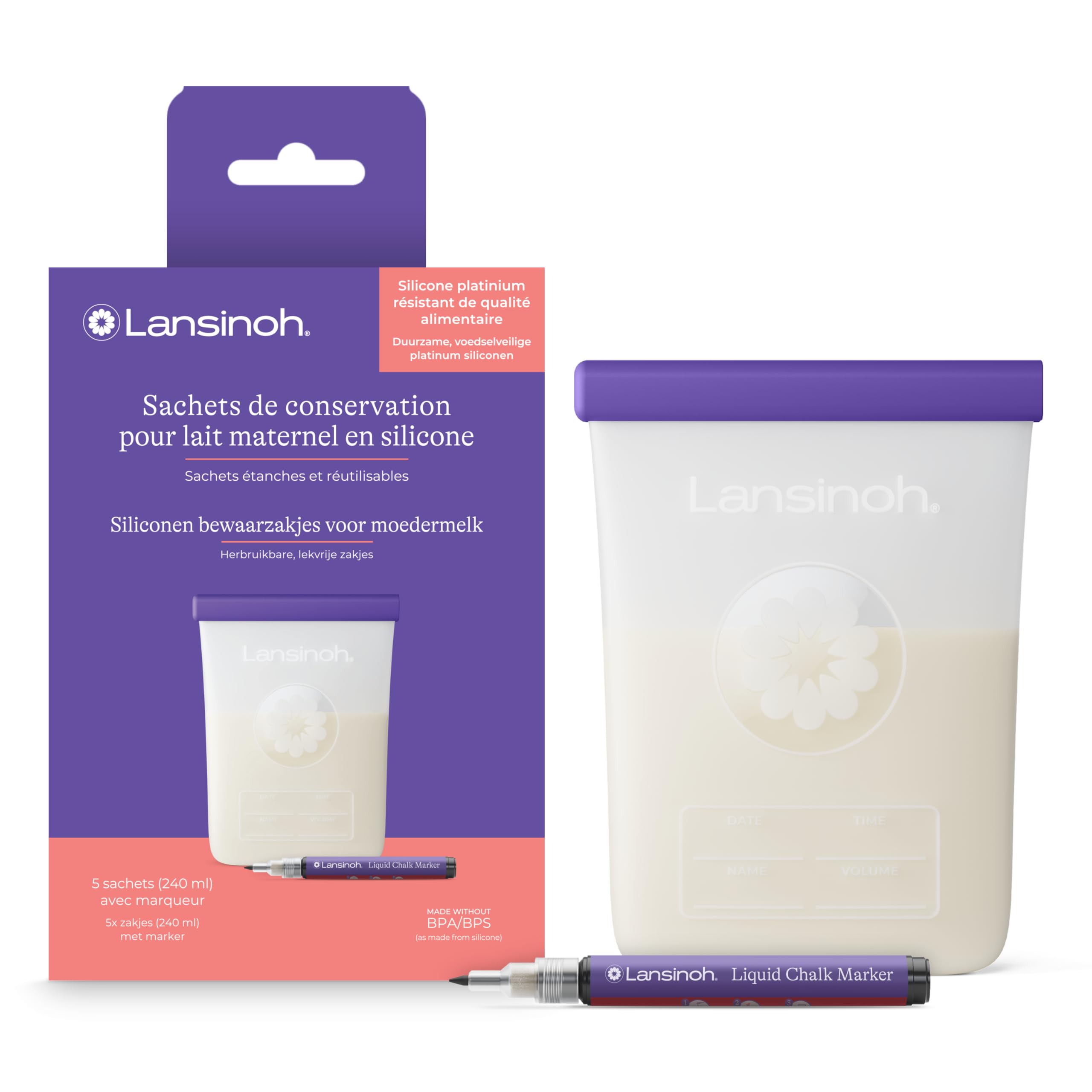 Sachets de Conservation Lait Maternel Lansinoh® en Silicone Réutilisable – Lot de 5 x 240 ml + Marqueur Lavable – Étanches, Résistants, Congélateur & Réfrigérateur – Silicone Alimentaire Platinium