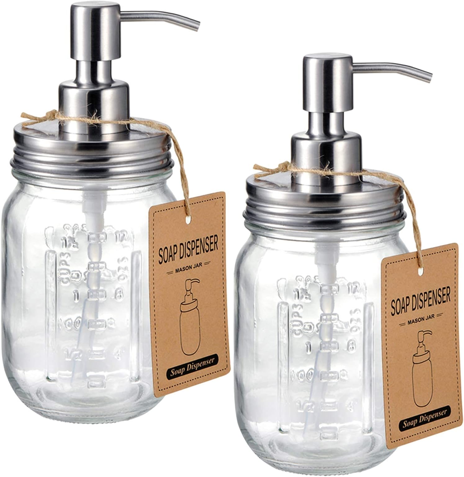 Mason Jar Liquid Soap Dispenser, Stainless Steel Mason Jar Lid & Pump, Refillable Hand Soap Dispenser, Lotions, Dish Soap Bottle for Kitchen Bathroom, Bathroom Decor, Brushed Nickel 2 Pack