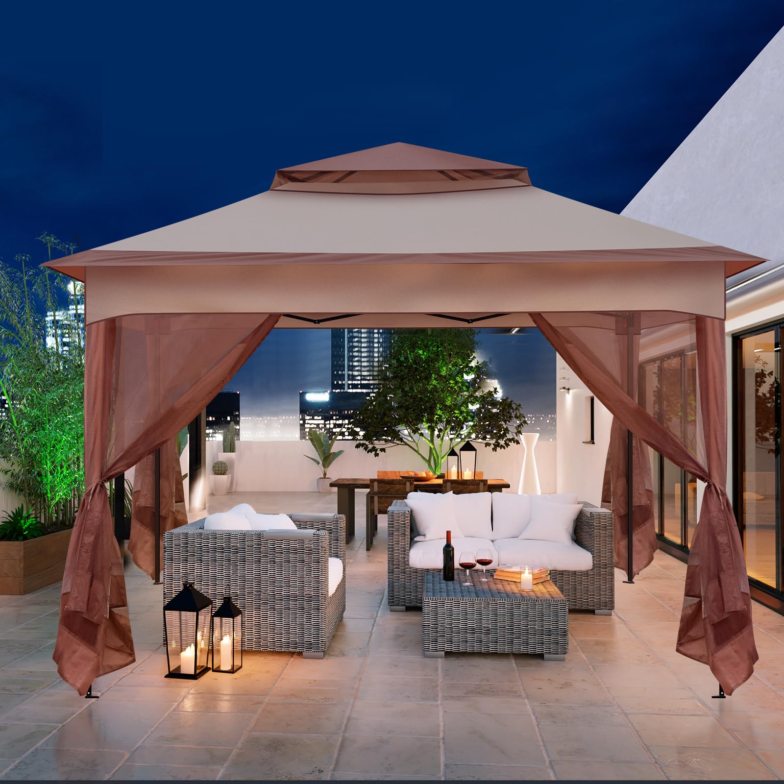 LEADZM 3.3x3.3m Tonnelle de Jardin Pliable,Pop-up,avec 4 Moustiquaire Barnum,Anti-UV 50+,Cadres en Acier,Convient pour la Fête, l'extérieur,Patio,Camping,Kaki