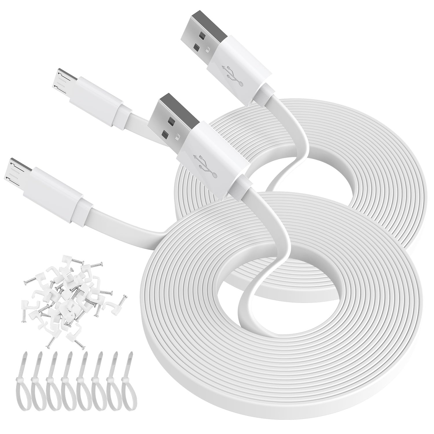 ANLINK 2 Pack 6M 20ft Flat Micro USB Cable, Charging and Data Sync, Long Micro USB Cord for WyzeCam, Wyze Cam Pan, WYZE Cam OG, NestCam Indoor, Blink and More Home Security Cameras-White