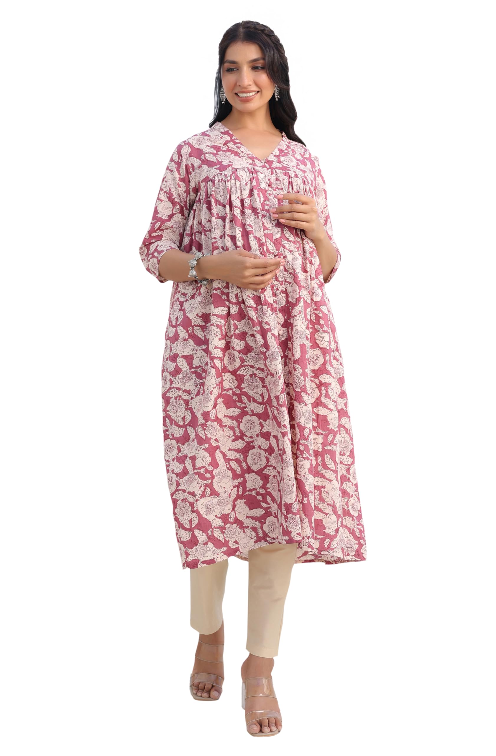 janasya Women's Mauve Pure Cotton Floral Printed Gathered Maternity Kurta-picture-29
