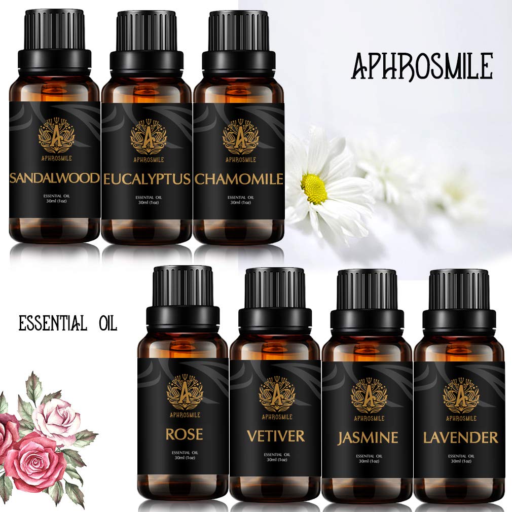 Aromatherapie Rose ätherisches Öl Set für Diffusor -Jasmin,Vetiver,Eukalyptus,Kamille Öle,7x30ml Sandelholz ätherisches Öl Kit für Luftbefeuchter, 100% reines Lavendel esential Öl
