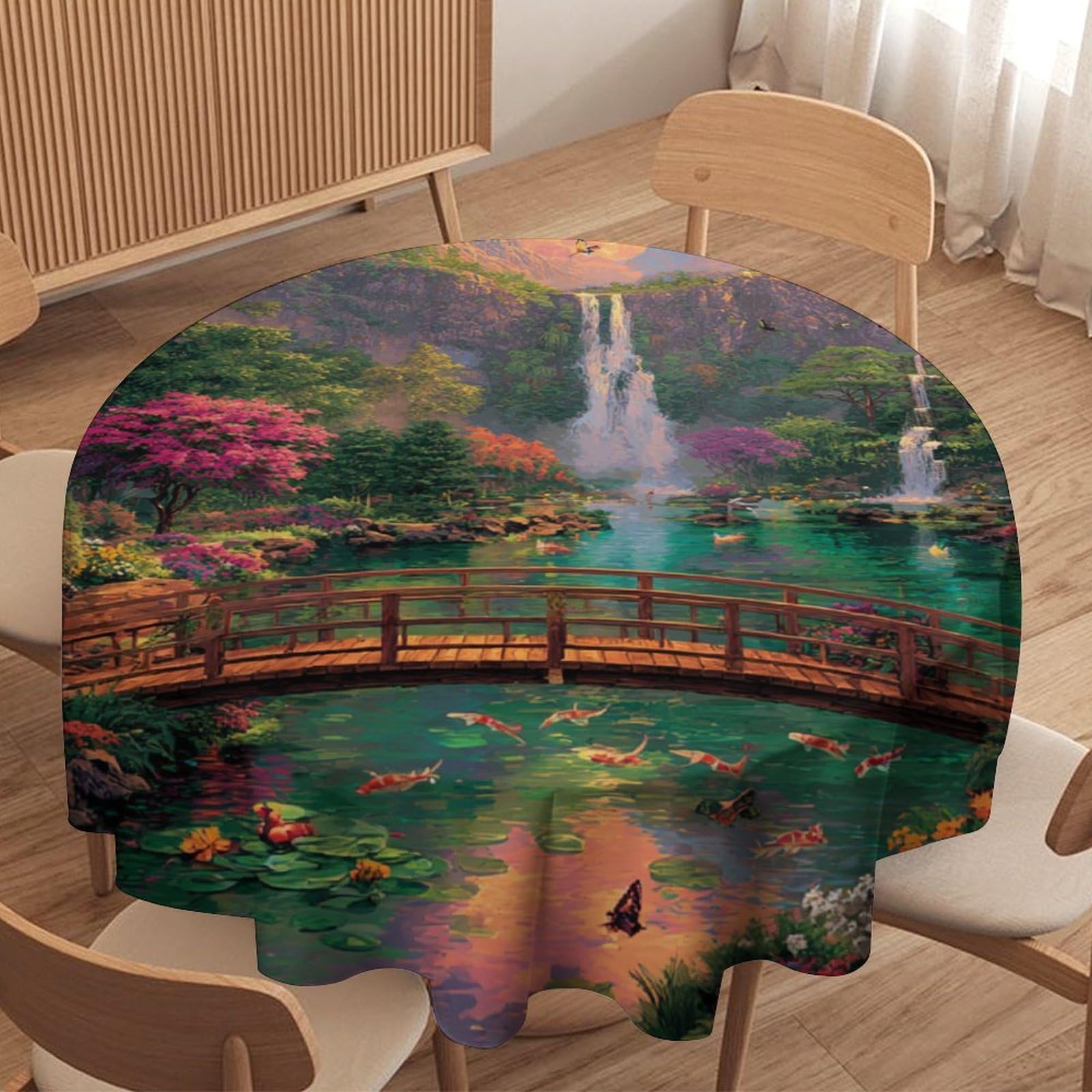 LUYYSKY Beautiful Fantasy Spring Garden Round Tablecloth Rustic Abstract Japanese Wooden Bridge Floral Birds Waterfall Washable Decor for Table Cover for Kitchen-91.4" Wx91.4 L cm