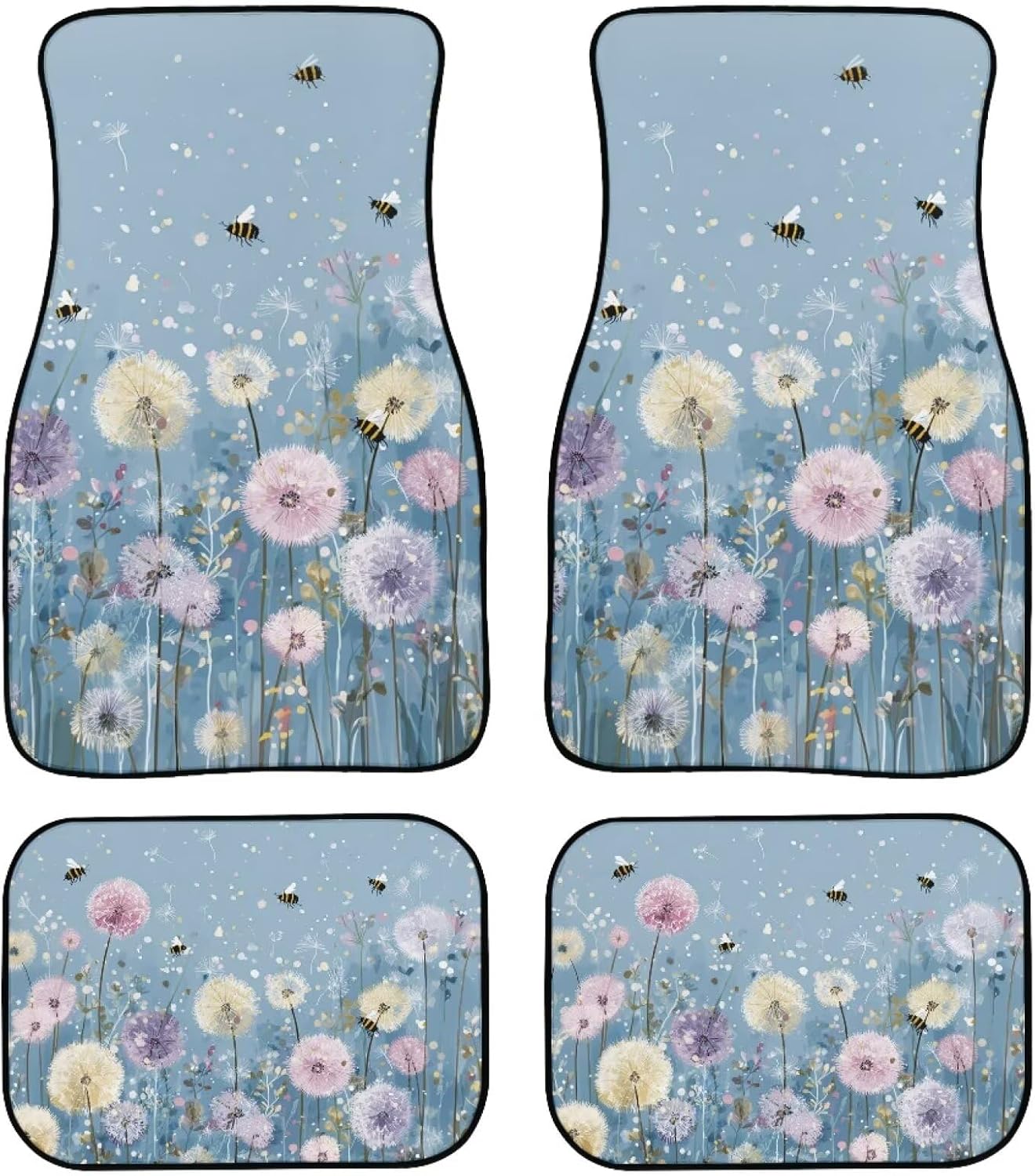 Blue Retro Floral Print Car Carpet Floor Mat Cartoon Abstract Flower Rubber Heel Pad 4PC for Cars Trucks SUV Protection - Driver Seat, Passenger Seat and Rear Floor Mats