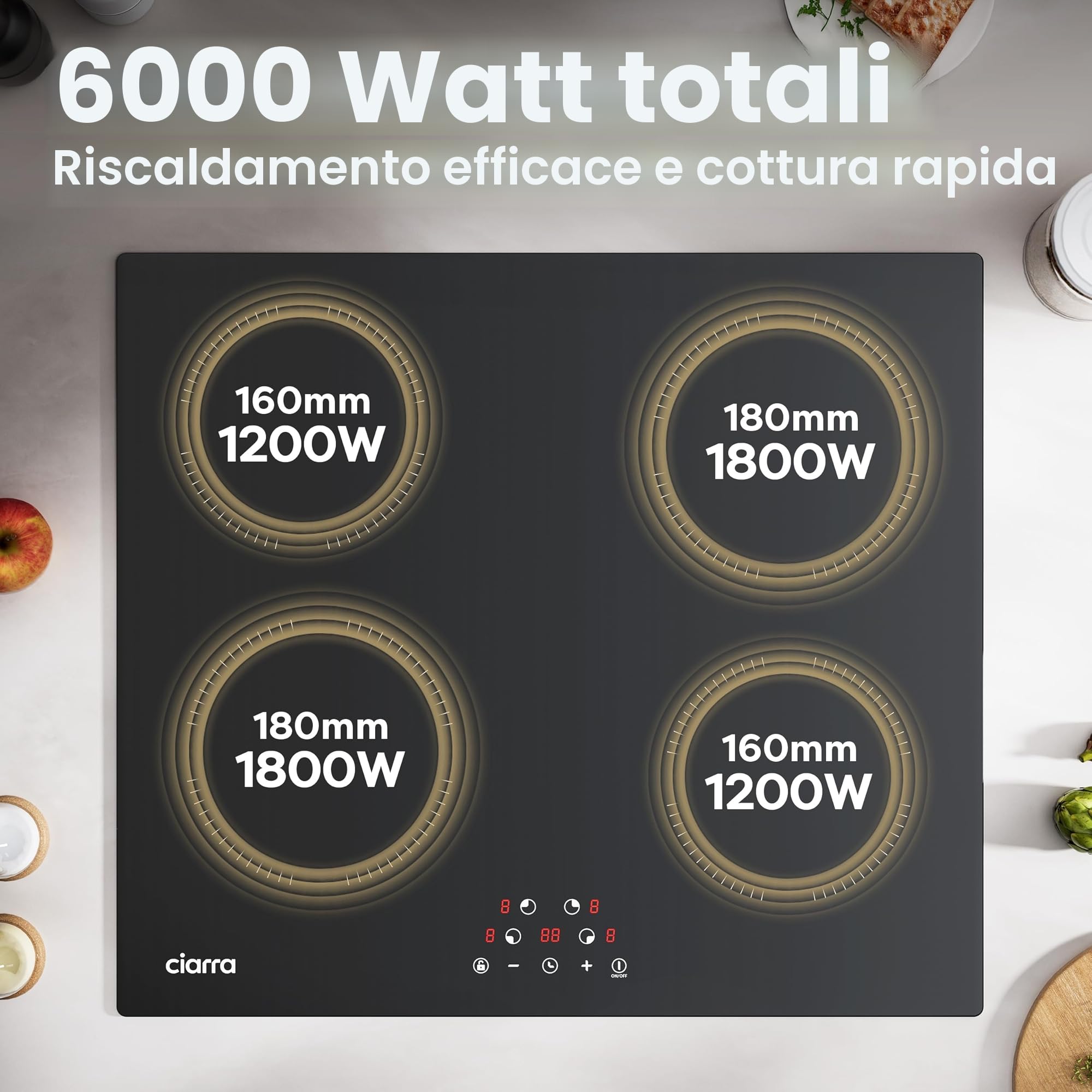CIARRA Piano Induzione 4 Fuochi, Fornello Induzione con Sicurezza Bambini, Controllo Touch, Timer, 59CM, AWBBIH4-A | Blocco Bambini, Controllo Touch, Timer, Spegnimento Automatico, AWBBIH4-A