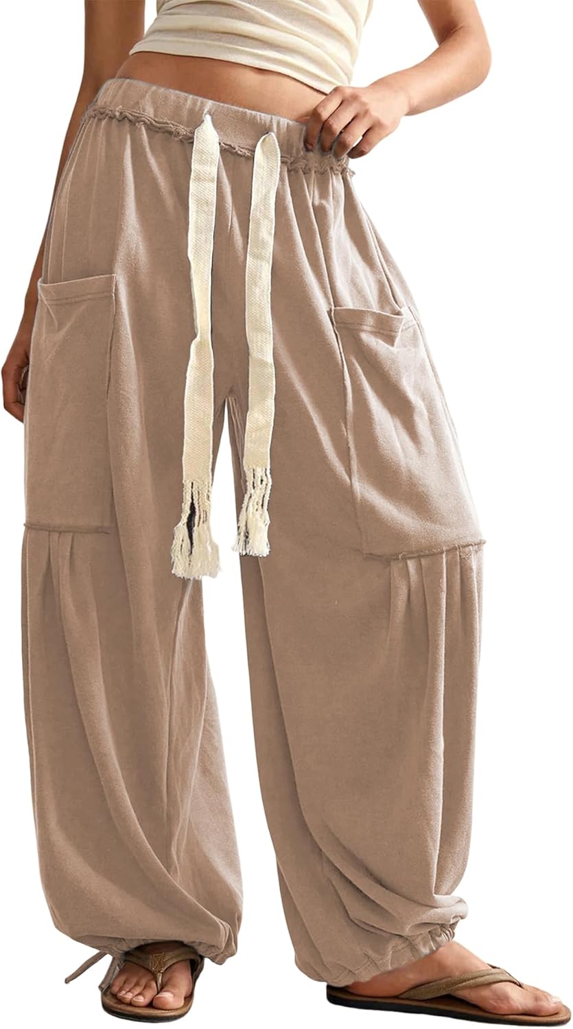 Springrain Women's Baggy Wide Leg Pants Casual Drawstring Harem Pants Bohemian Trousers with Big Pockets