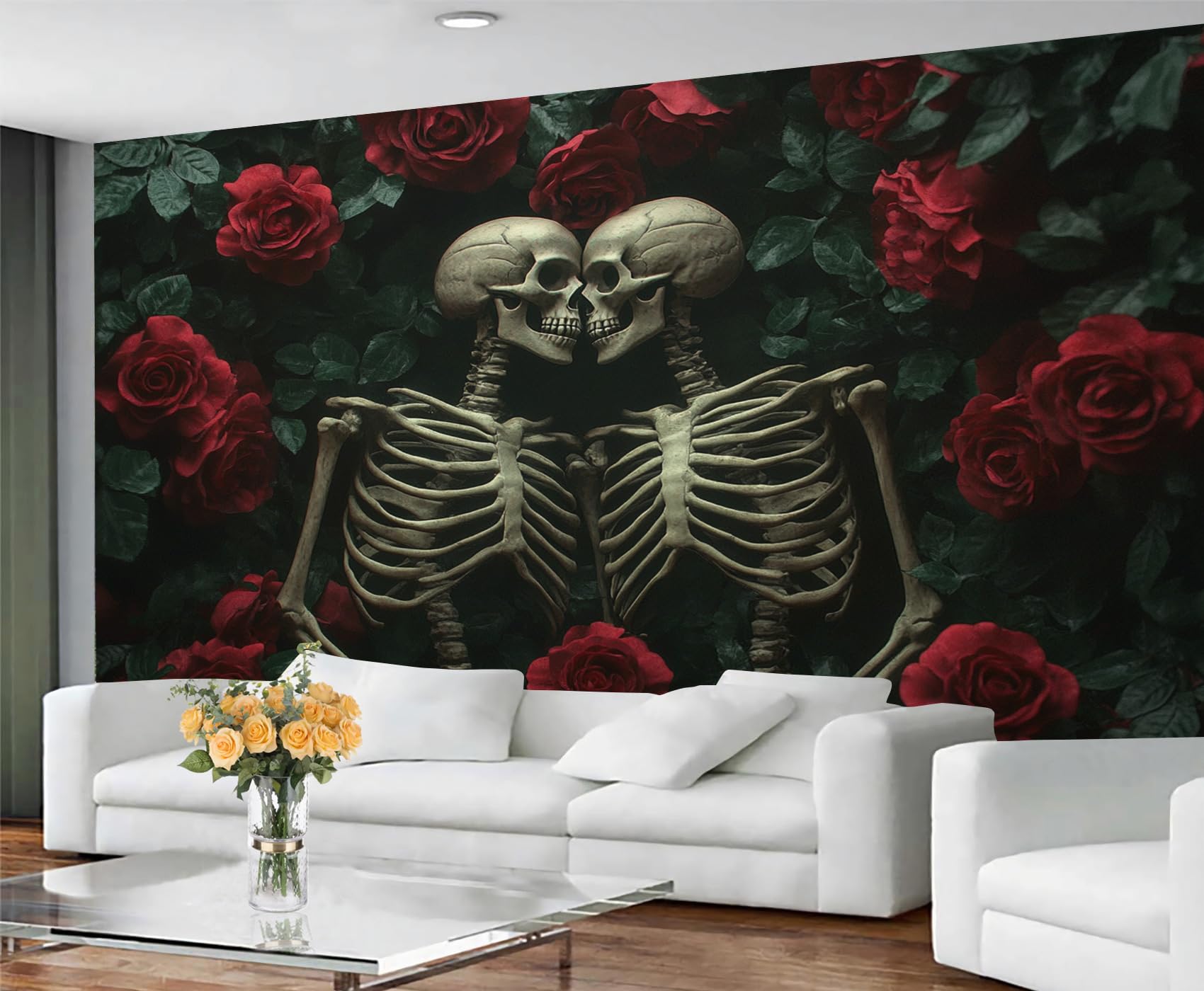 Gothic Wallpaper, Rose Skull Bedroom Wallpaper, Sugar Skull Wall Paper for Living Room, Not Self Adhesive Red Rose Wall Mural, Couple Lover Large Mural & Room Decor — image 1