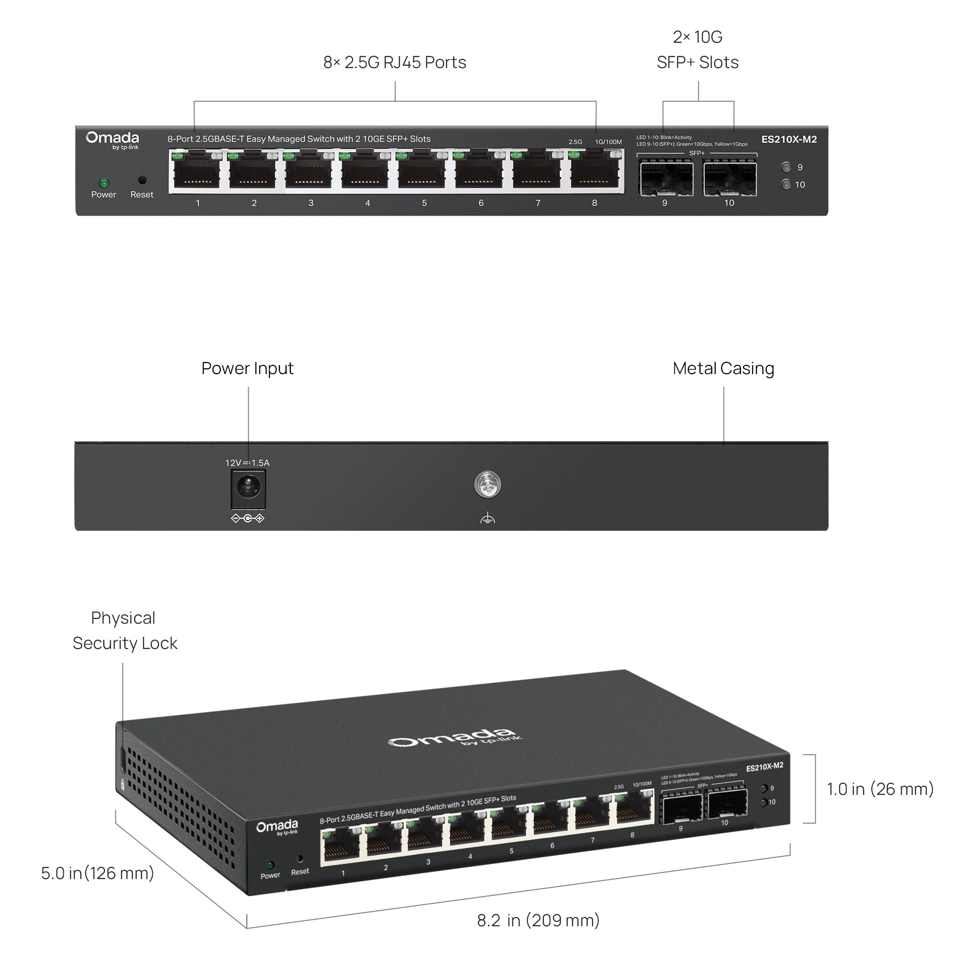 TP-Link Omada Switch a 8 porte da 2,5 G, facile da gestire, 2 x 10 G SFP+, VLAN, anti-loop automatico, IGMP Snooping, senza ventole, gestito da Omada, in metallo durevole con schermatura