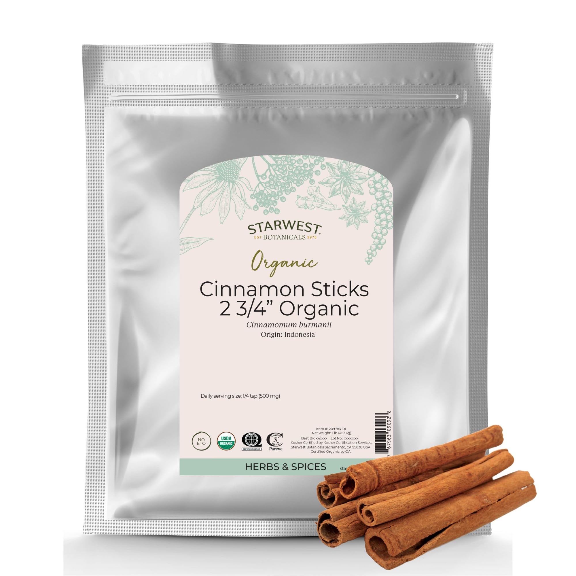Organic Cinnamon Sticks Whole - Spice for Tea, Cooking, & Baking, Korintje Cinnamon, Sweet & Mellow Flavor, Certified Kosher, Non-GMO - Bulk 1 lb Bag