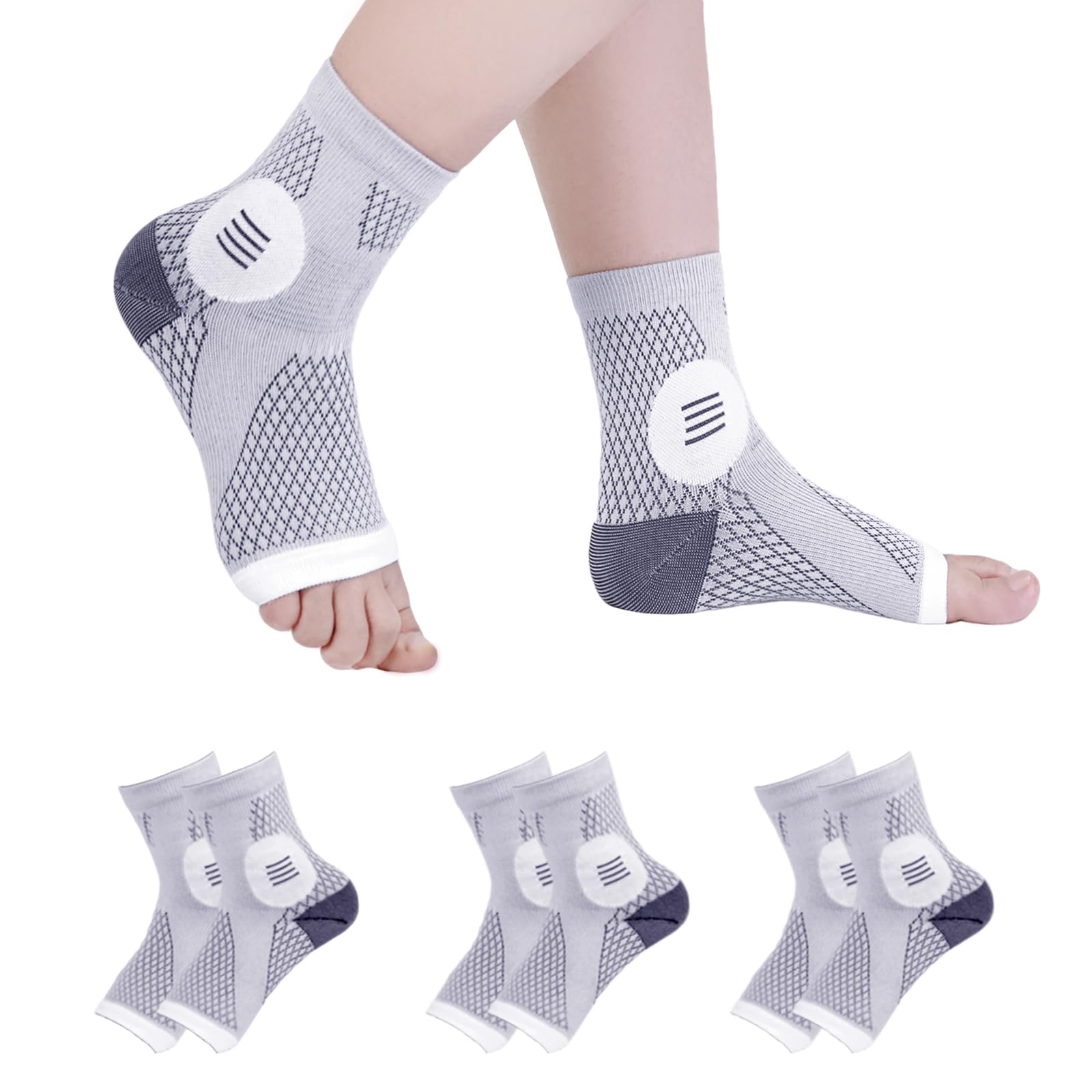3 pares de calcetines de neuropatía para mujeres y hombres, calcetines de compresión Nano Soothe Relief, calcetines de compresión sin dedos, manga de compresión de tobillo para soporte de arco, fascitis plantar, hinchazón de pies, gris L