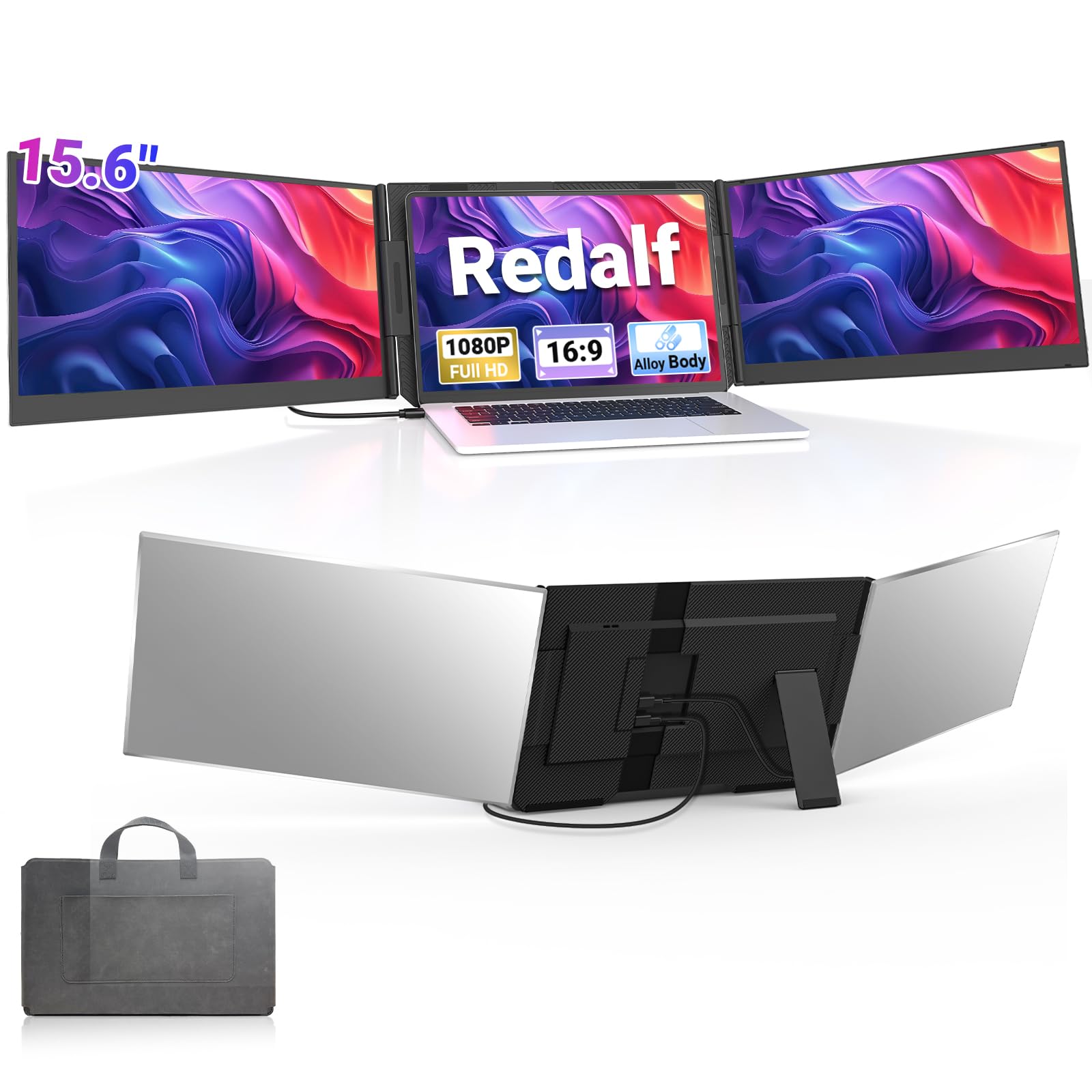 Extension d'écran pour ordinateur portable 15,6", triple moniteur portable ultra léger 1080P FHD pour ordinateurs portables de 13 à 17,3", USB-C/HDMI Plug&Play compatible avec Win/MacOS/Chrome/Android