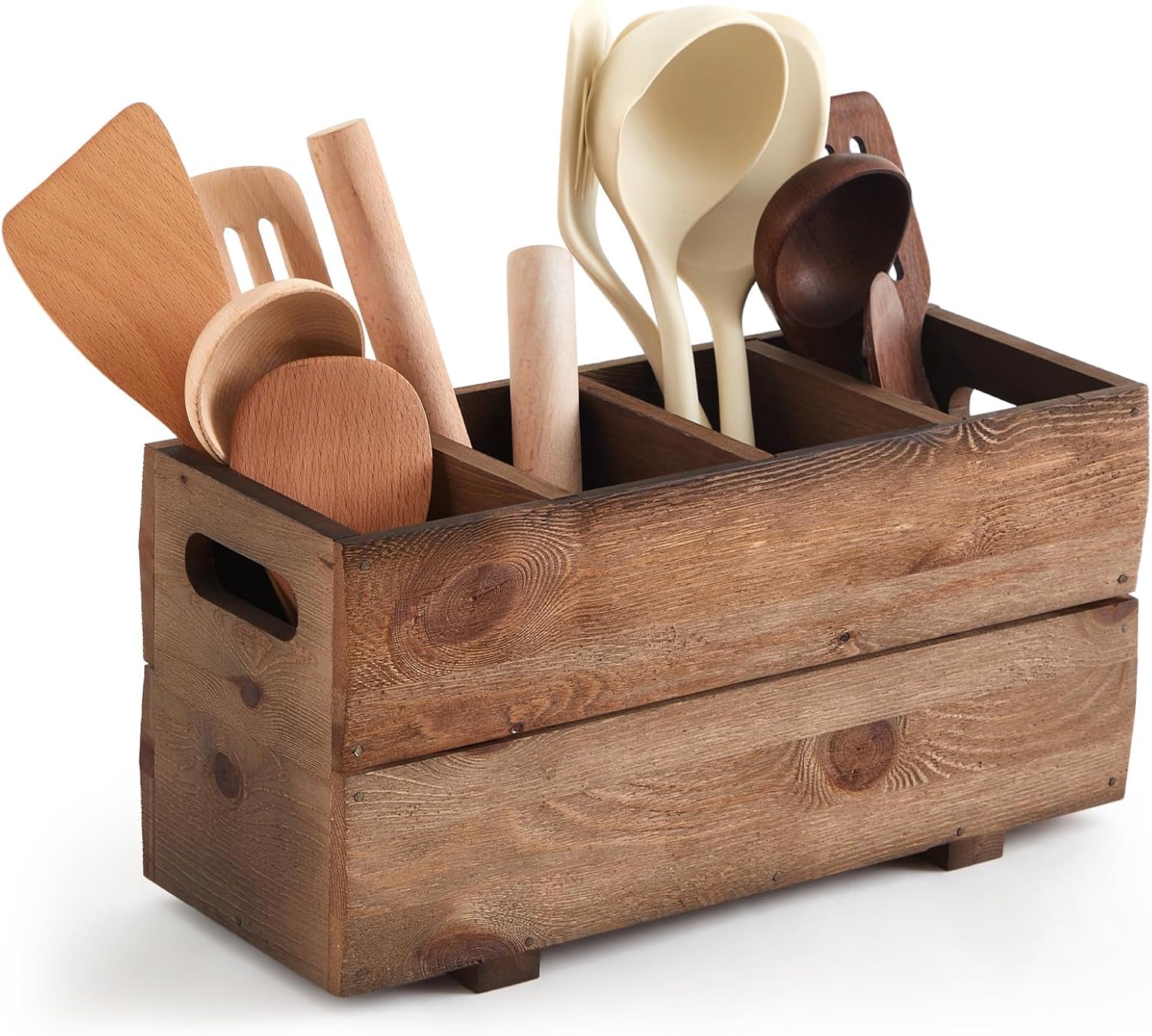 Chumia Extra Large Wooden Kitchen Utensil Holder Organizer for Counter Countertop, Farmhouse Rustic Utensil Holder Container for Storage Cooking Spoons Silverware Tools with 4 Compartments
