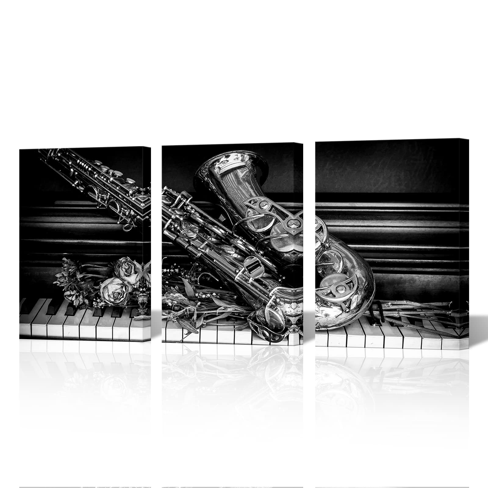 NutArtPic Lienzo decorativo para pared con diseño de saxofón blanco y negro, impresiones de instrumentos musicales, pintura moderna de jazz para decoración del hogar enmarcado (negro, pequeño)